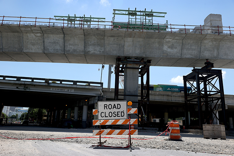  A "road closed" sign is posted at the construction site for the “Signature Bridge,” at I-95 and I-395 that replaces an older bridge on September 27, in Miami, Florida.