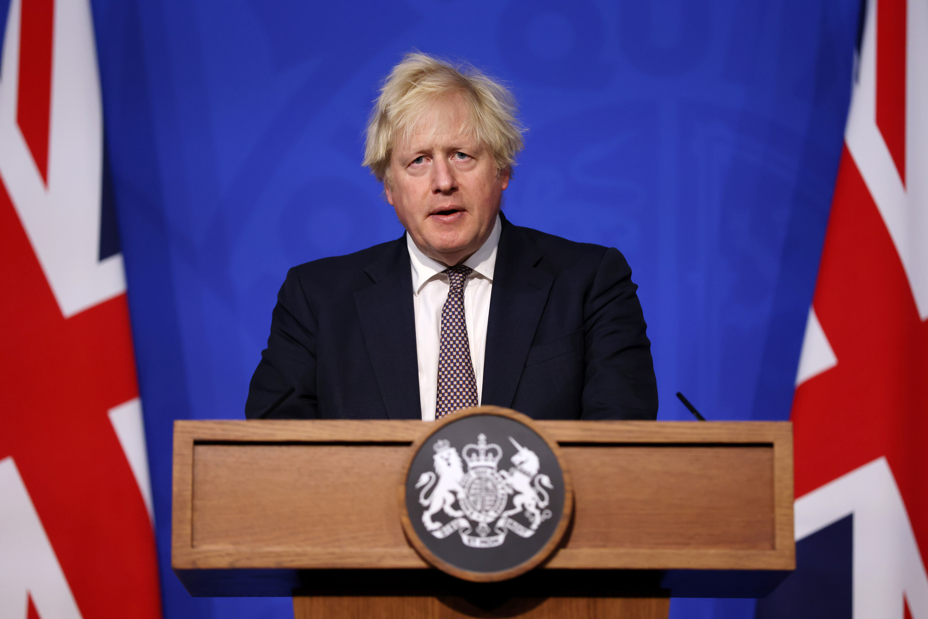 Prime Minister Boris Johnson speaks during a press conference on November 27, in London.