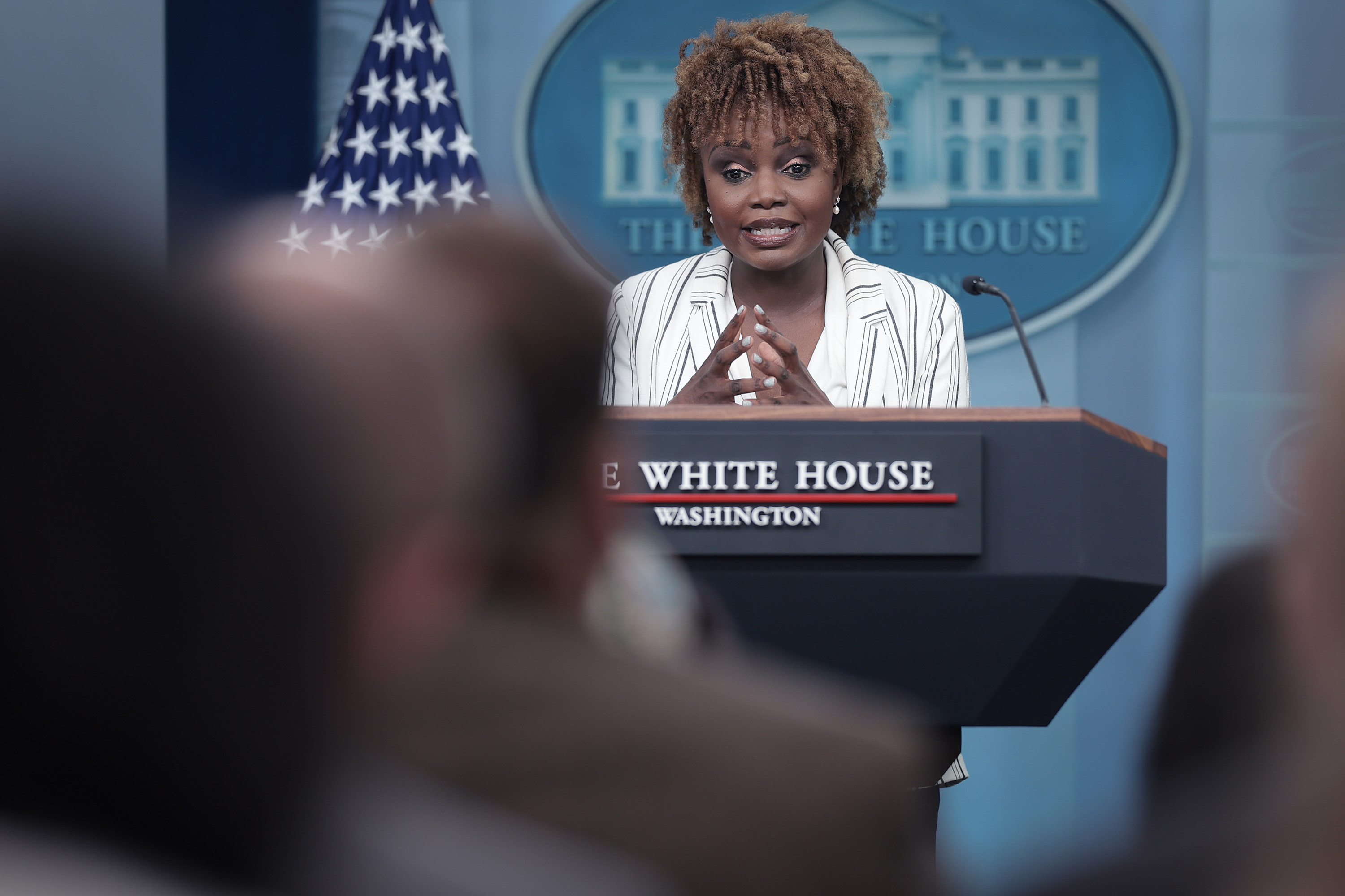 White House press secretary Karine Jean-Pierre speaks during the daily briefing at the White House on April 29. 
