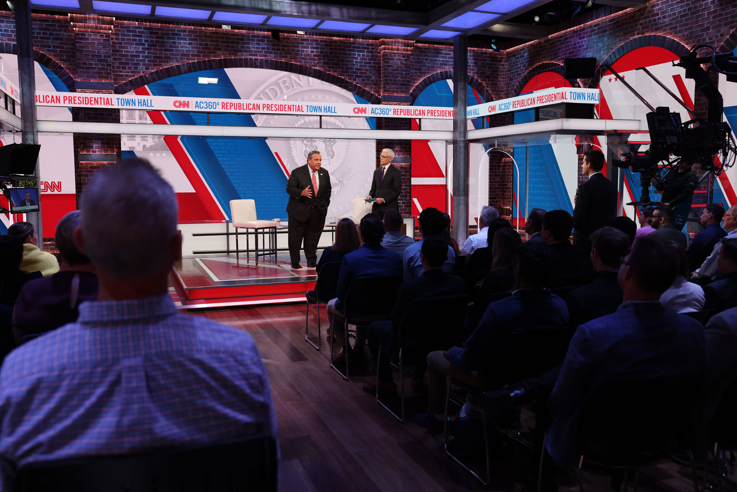 Former New Jersey Gov. Chris Christie speaks at CNN Republican Presidential Town Hall moderated by CNN’s Anderson Cooper in New York on Monday, June 12.