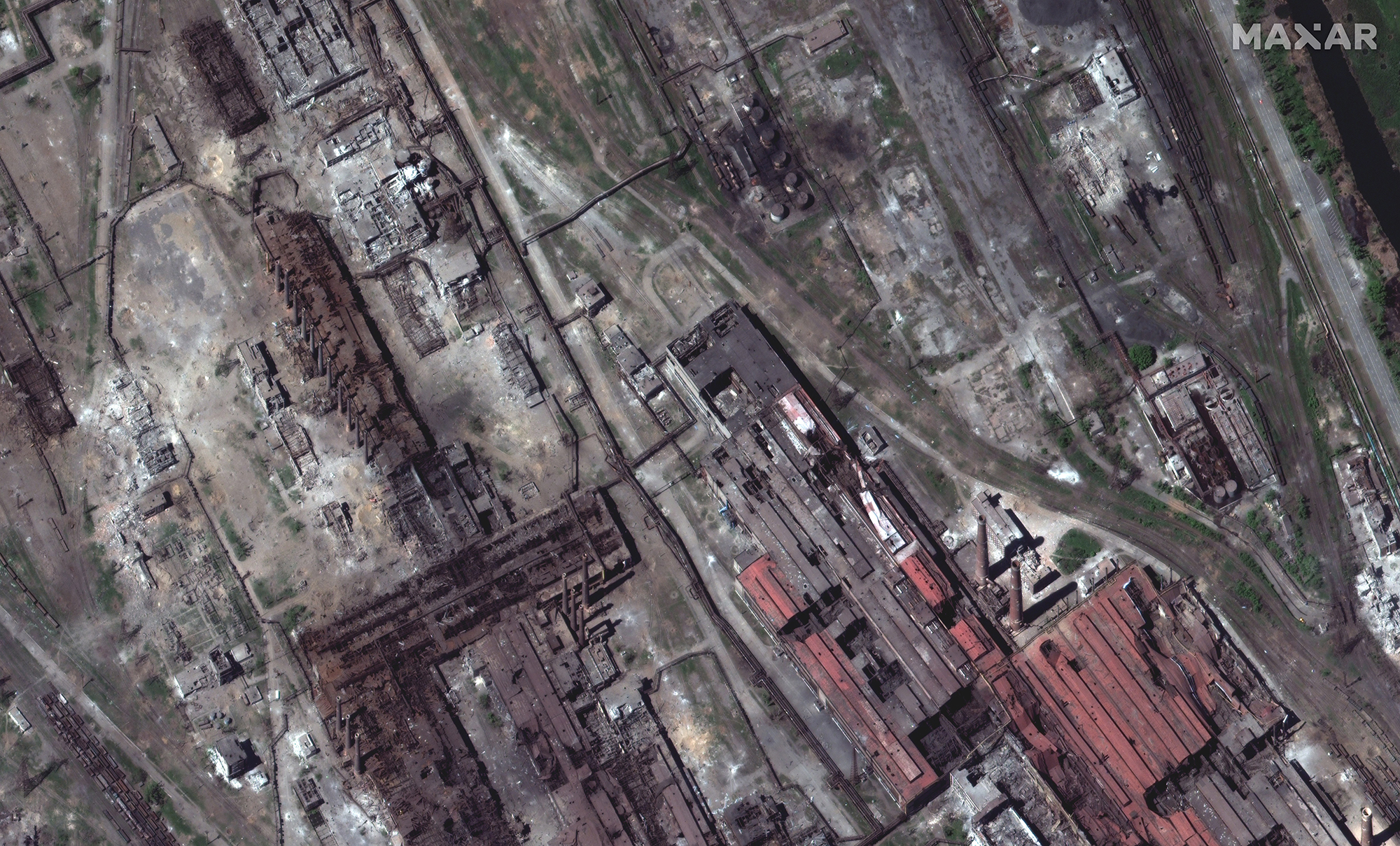 A closer lo Azovstal steel plant seen from above in Mariupol, Ukraine, on May 12.