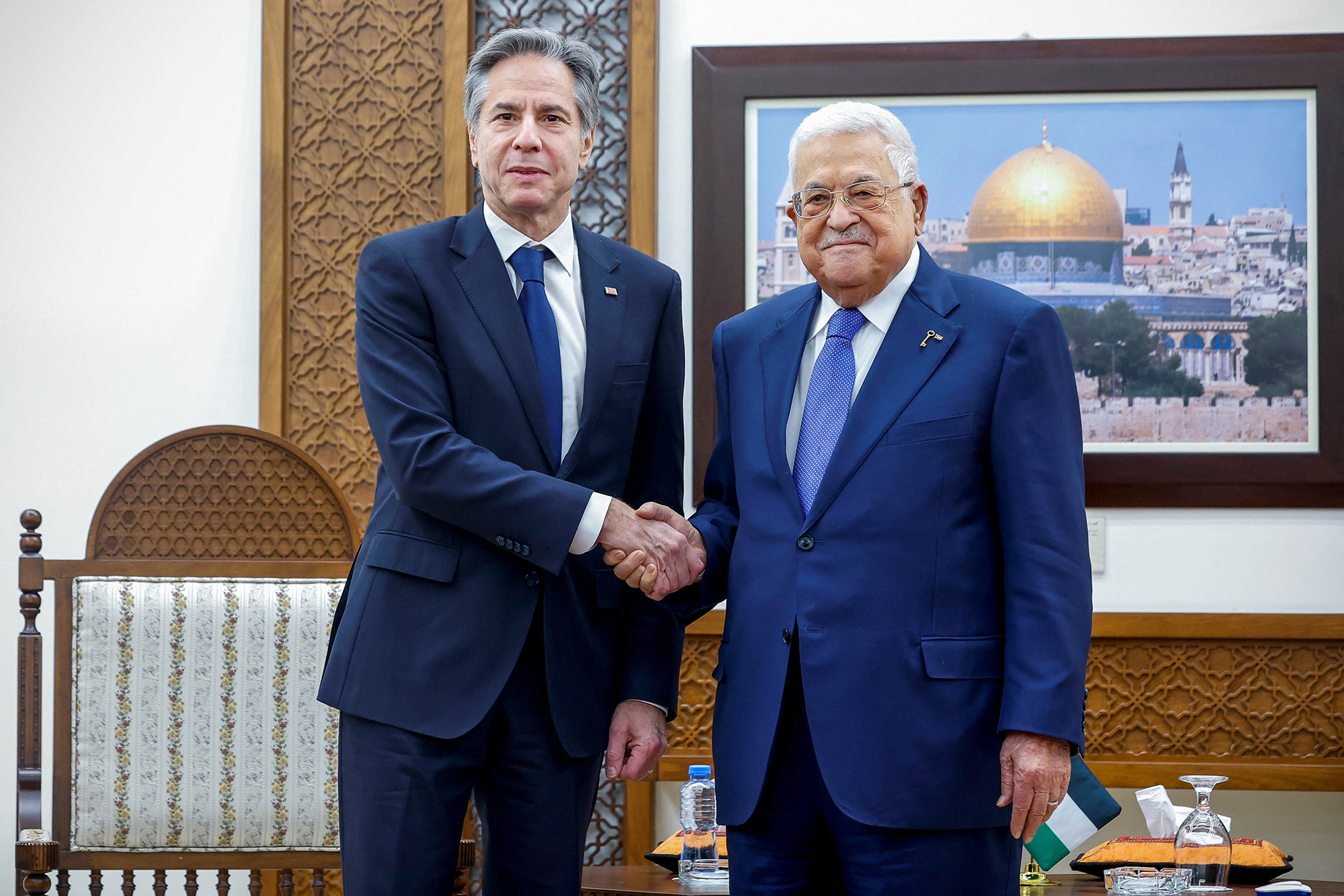 U.S. Secretary of State Antony Blinken, left, meets with Palestinian President Mahmoud Abbas in the Muqata'a, Ramallah, in the Israeli-occupied West Bank on January 10.
