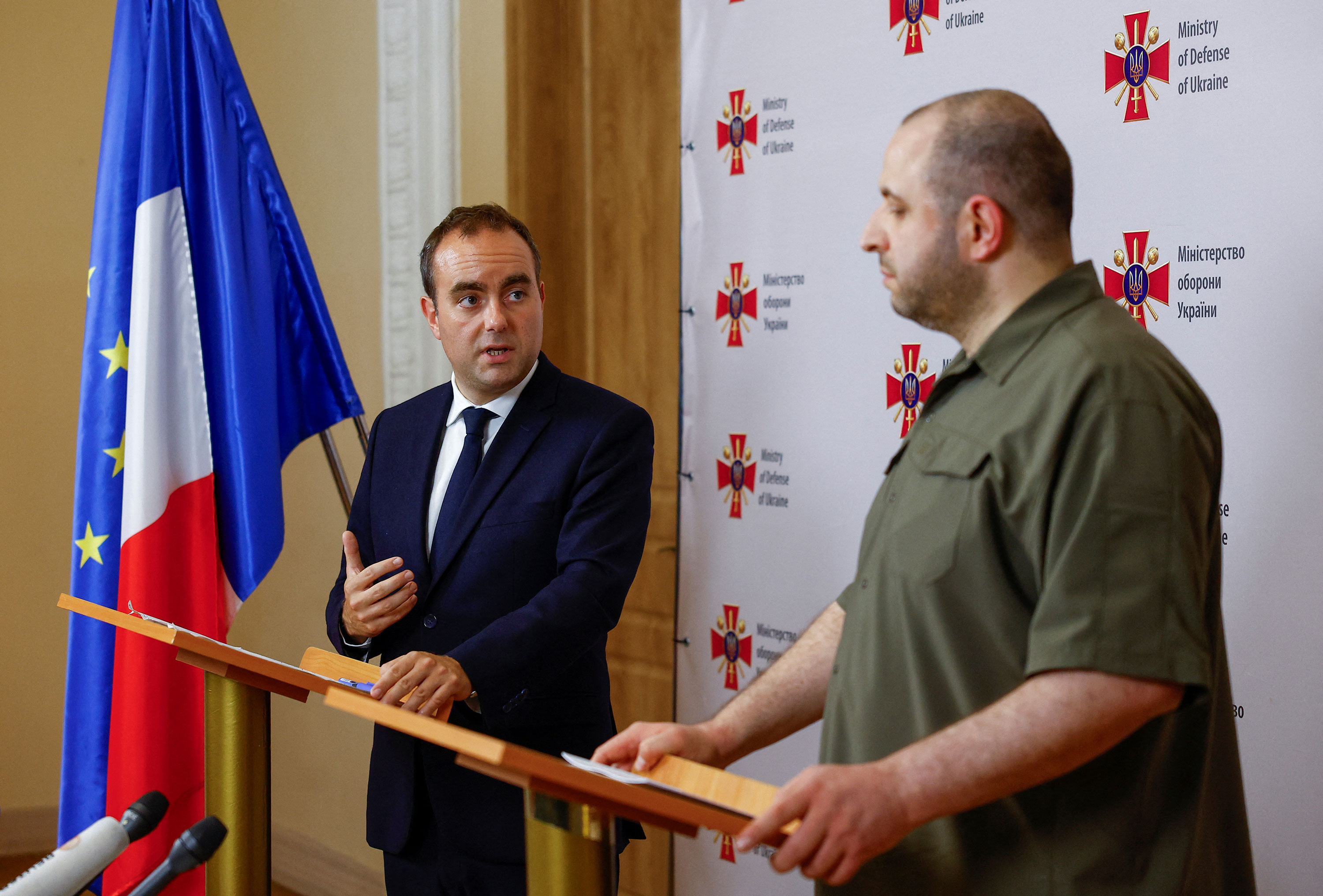 French Defense Minister Sebastien Lecornu speaks during a joint press briefing with Ukrainian counterpart Rustem Umerov in Kyiv on September 28. 