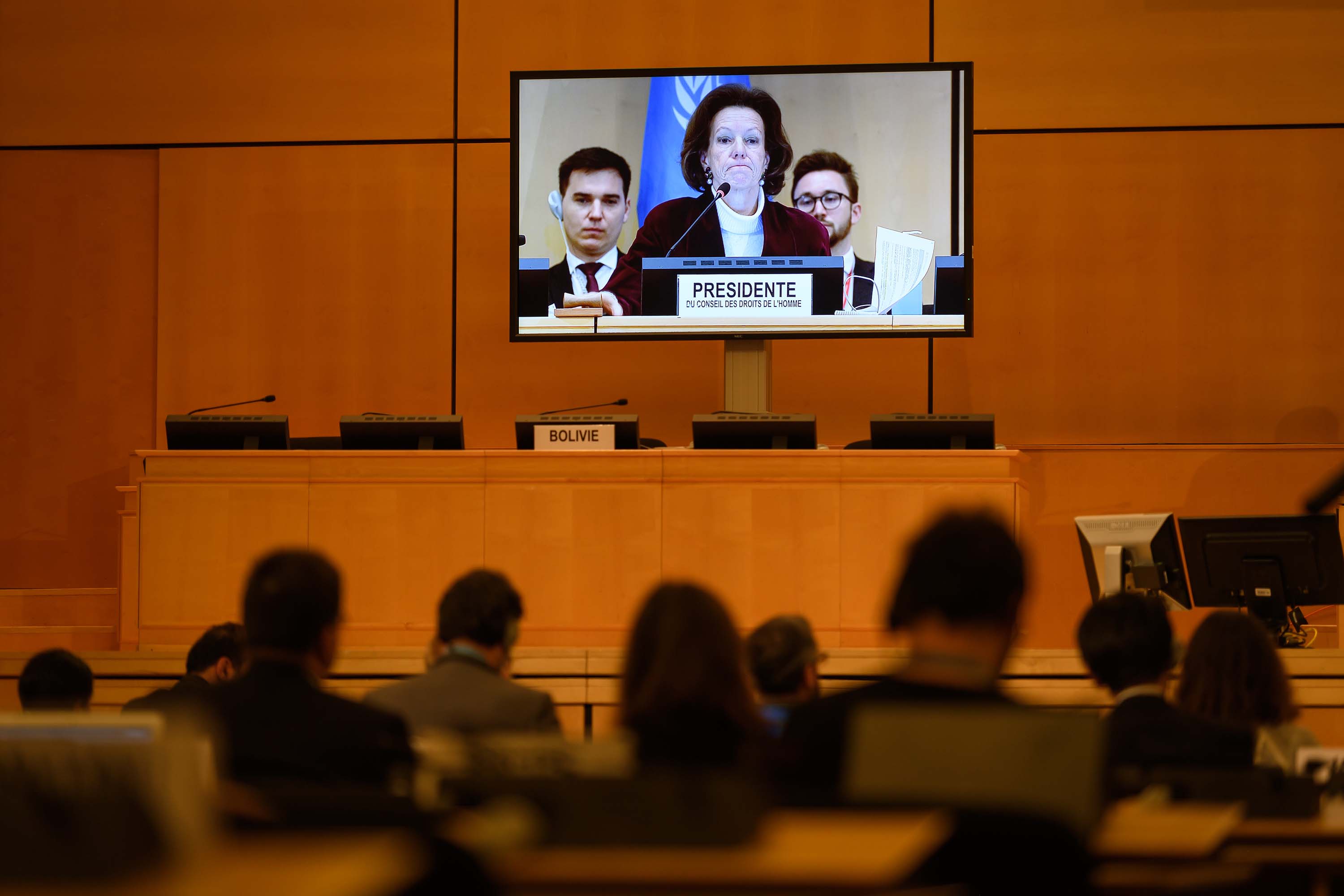 United Nations Human Rights Council President Elisabeth Tichy-Fisslberger is seen on a screen during a session in Geneva, Switzerland, on Thursday.