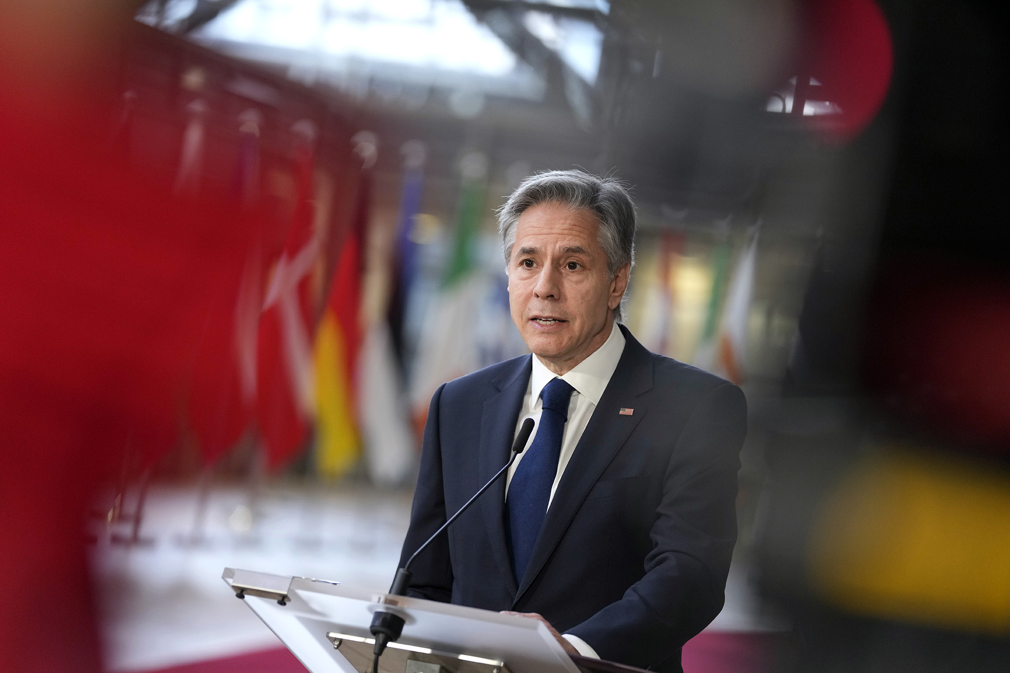United States Secretary of State Antony Blinken addresses the media prior to the EU-US Energy Council Ministerial meeting at the European Council building in Brussels, Belgium, on April 4.