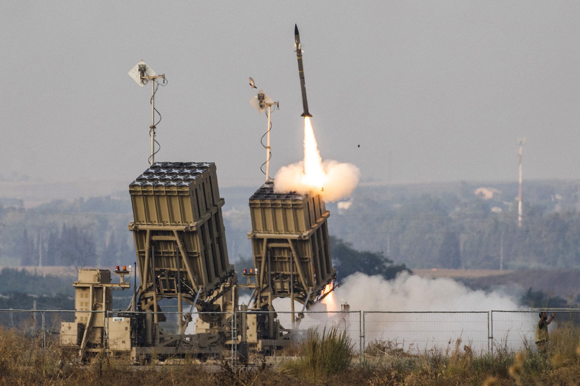 The Iron Dome anti-missile system fires an interceptor missile as rockets are launched from Gaza towards Israel on August 6, 2022.