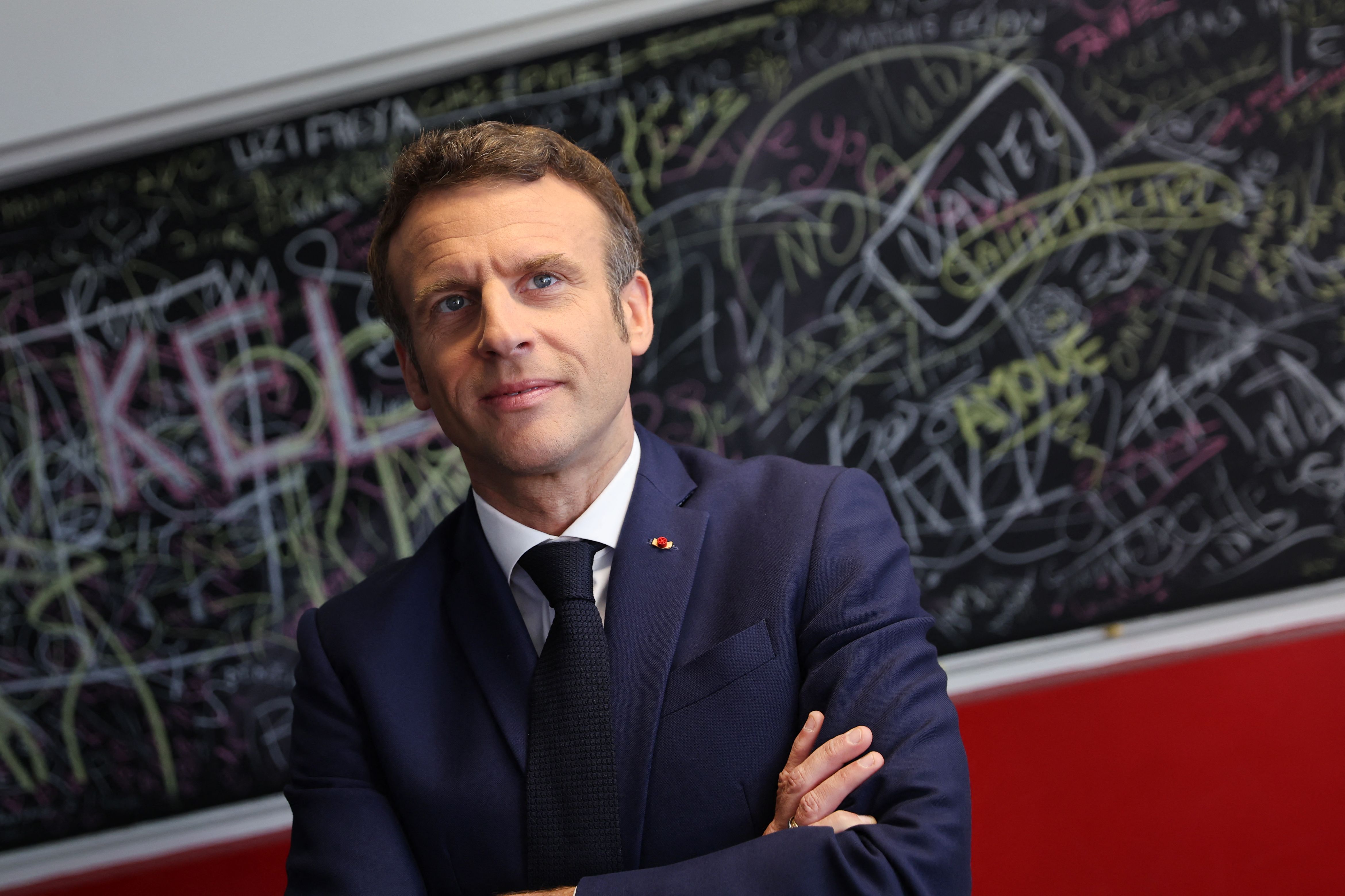 French President Emmanuel Macron waits before taking part in a France Inter radio talk show in Paris, France, on April 22.
