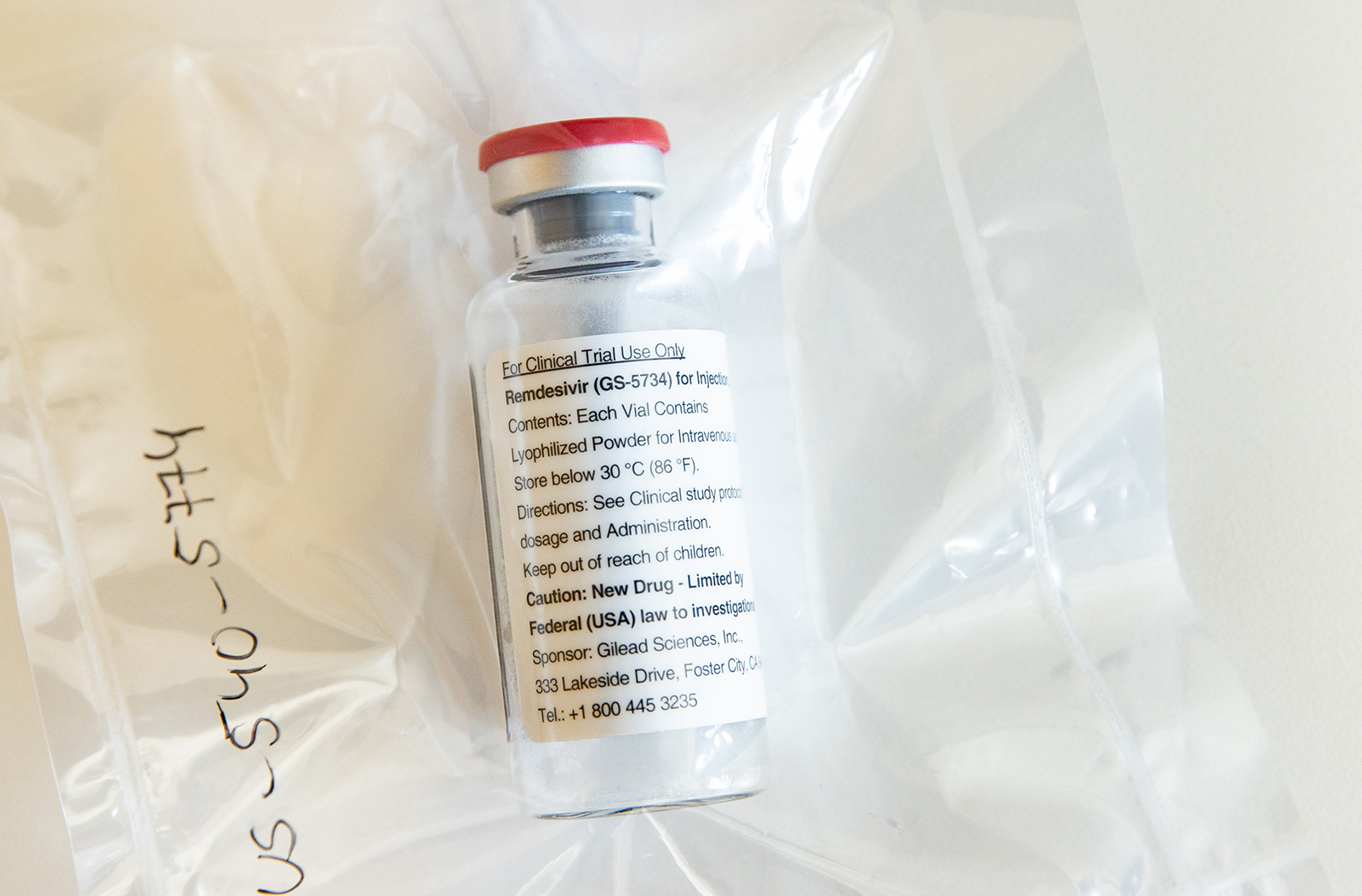An ampoule of the drug Remdesivir is on the table during a press conference at the University Hospital Eppendorf (UKE) in Hamburg, Germany on April 8.