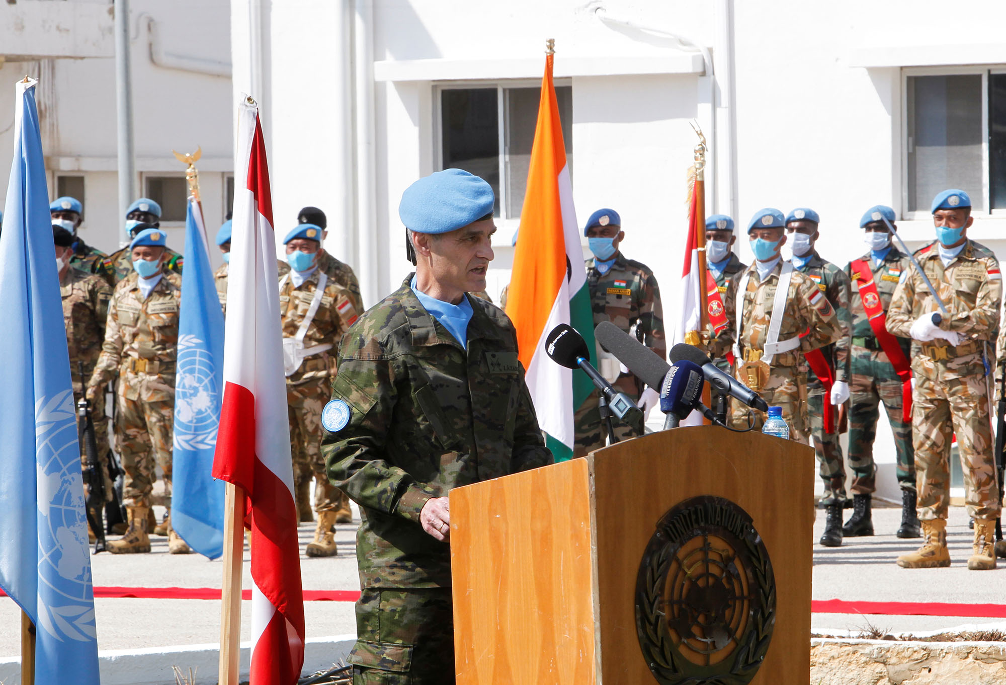 Incoming Spanish Major-General Aroldo Lazaro Saenz speaks during a handover ceremony at the United Nations headquarters in Naqoura, Lebanon, on February 28, 2022.