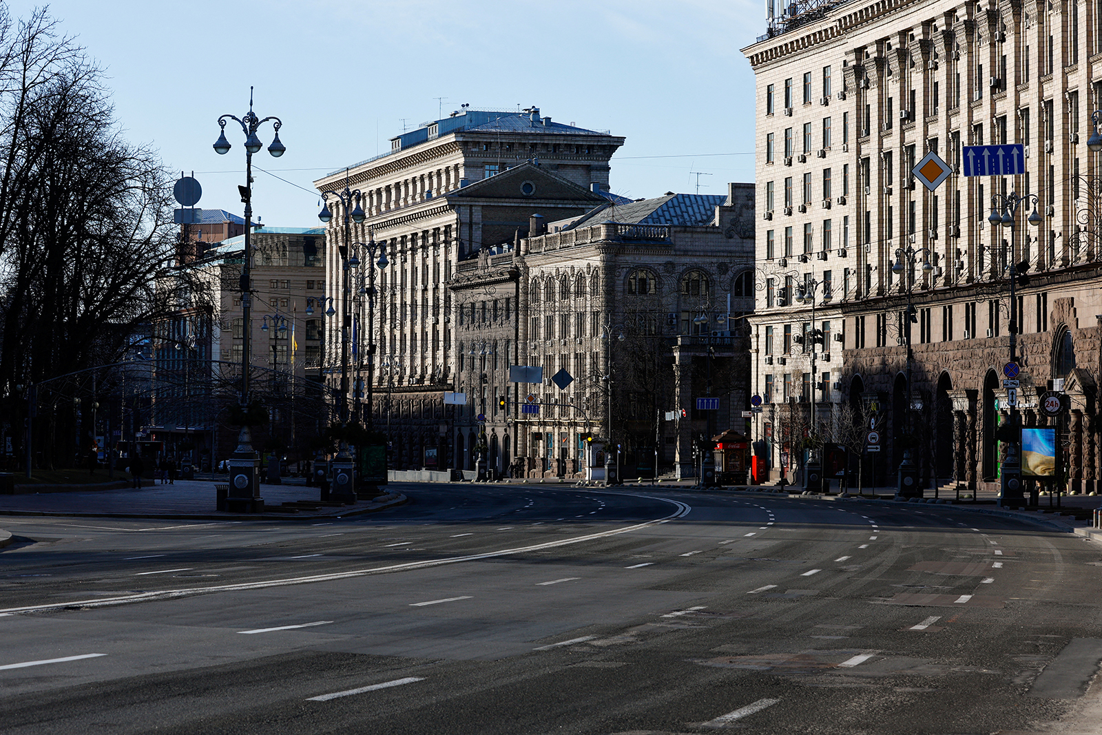 A deserted street in Kyiv, Ukraine, shortly after curfew ended on the morning of February 28. 