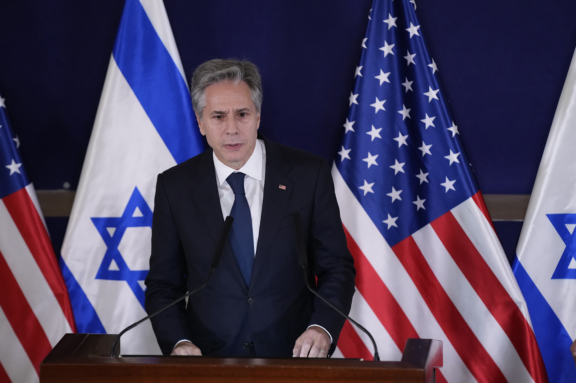 U.S. Secretary of State Antony Blinken makes a statement to the media inside The Kirya in Tel Aviv, Israel, on October 12.