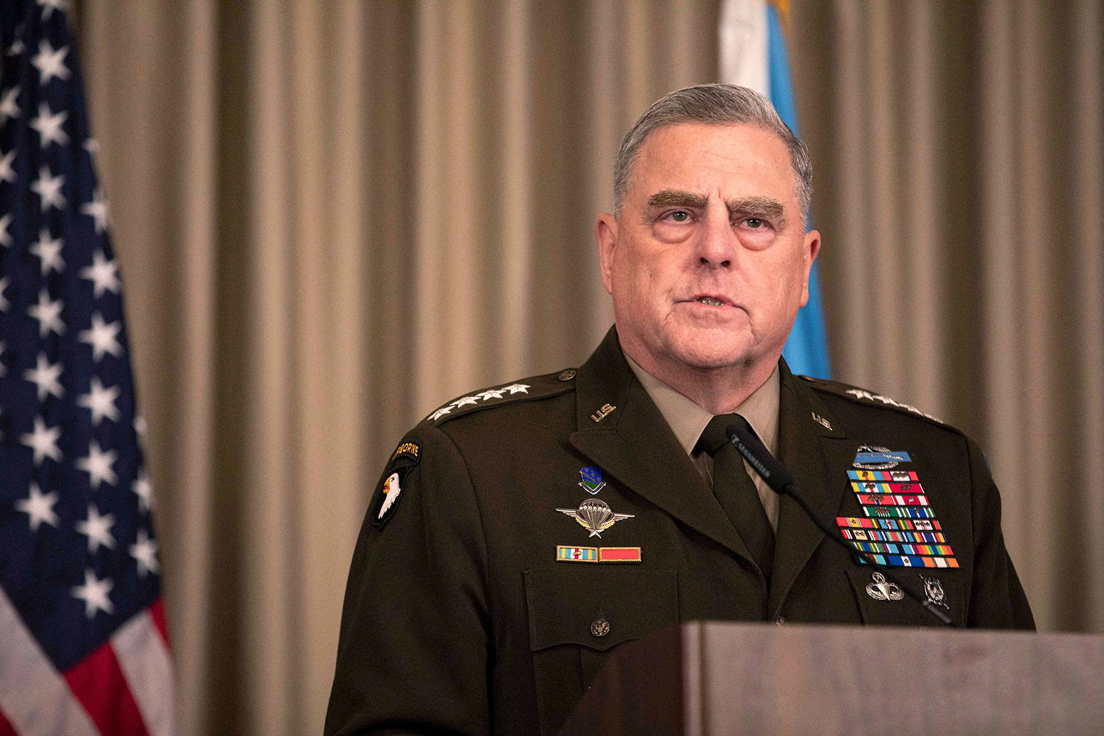 Joint Chiefs Chairman Gen. Mark Milley, the top US general, addresses a press conference at Ramstein Air Base in Ramstein, Germany, on September 8. 