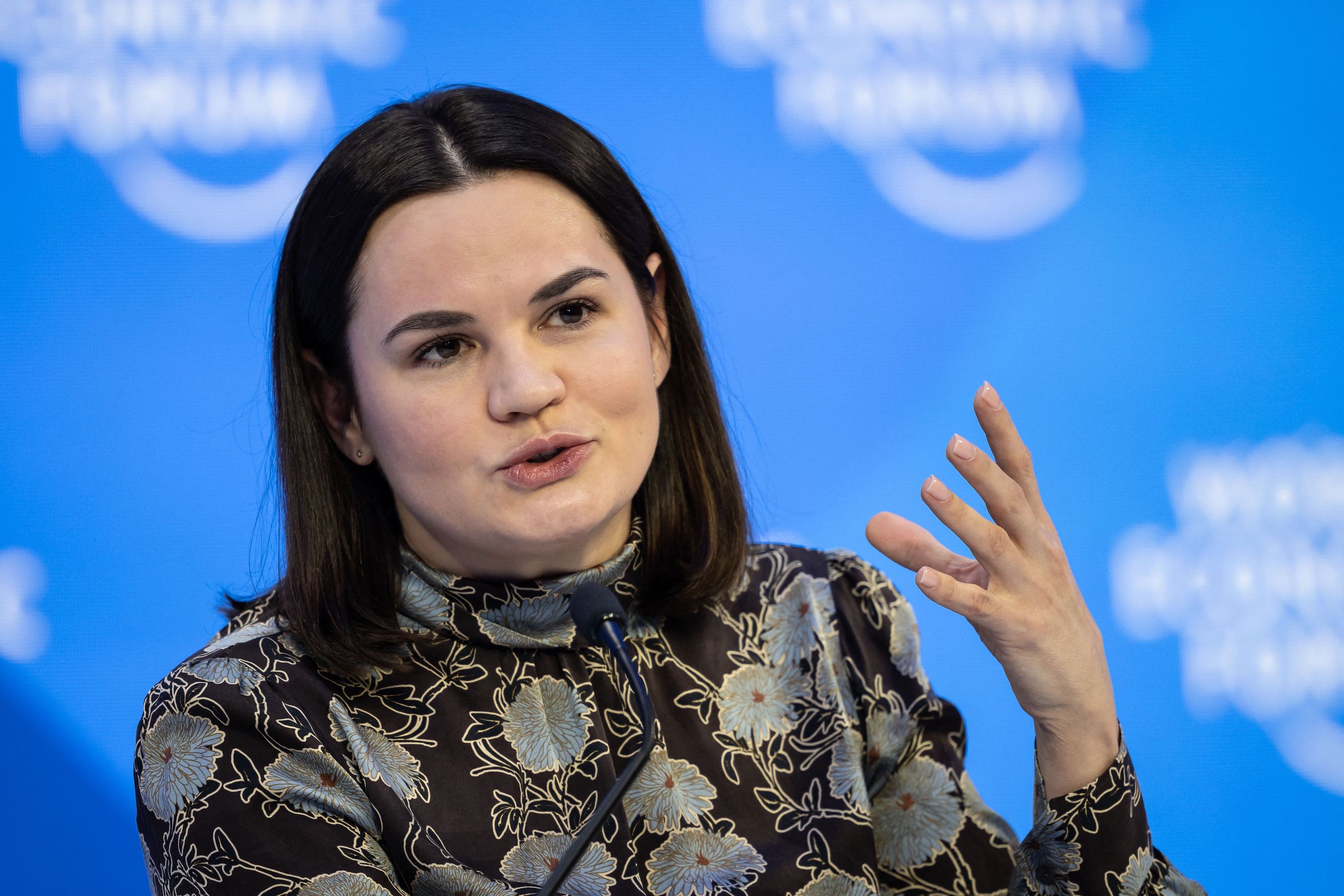 Belarusian opposition leader Sviatlana Tsikhanouskaya, speaks during a session at the Congress centre during the World Economic Forum (WEF) annual meeting in Davos on January 19, 2023.
