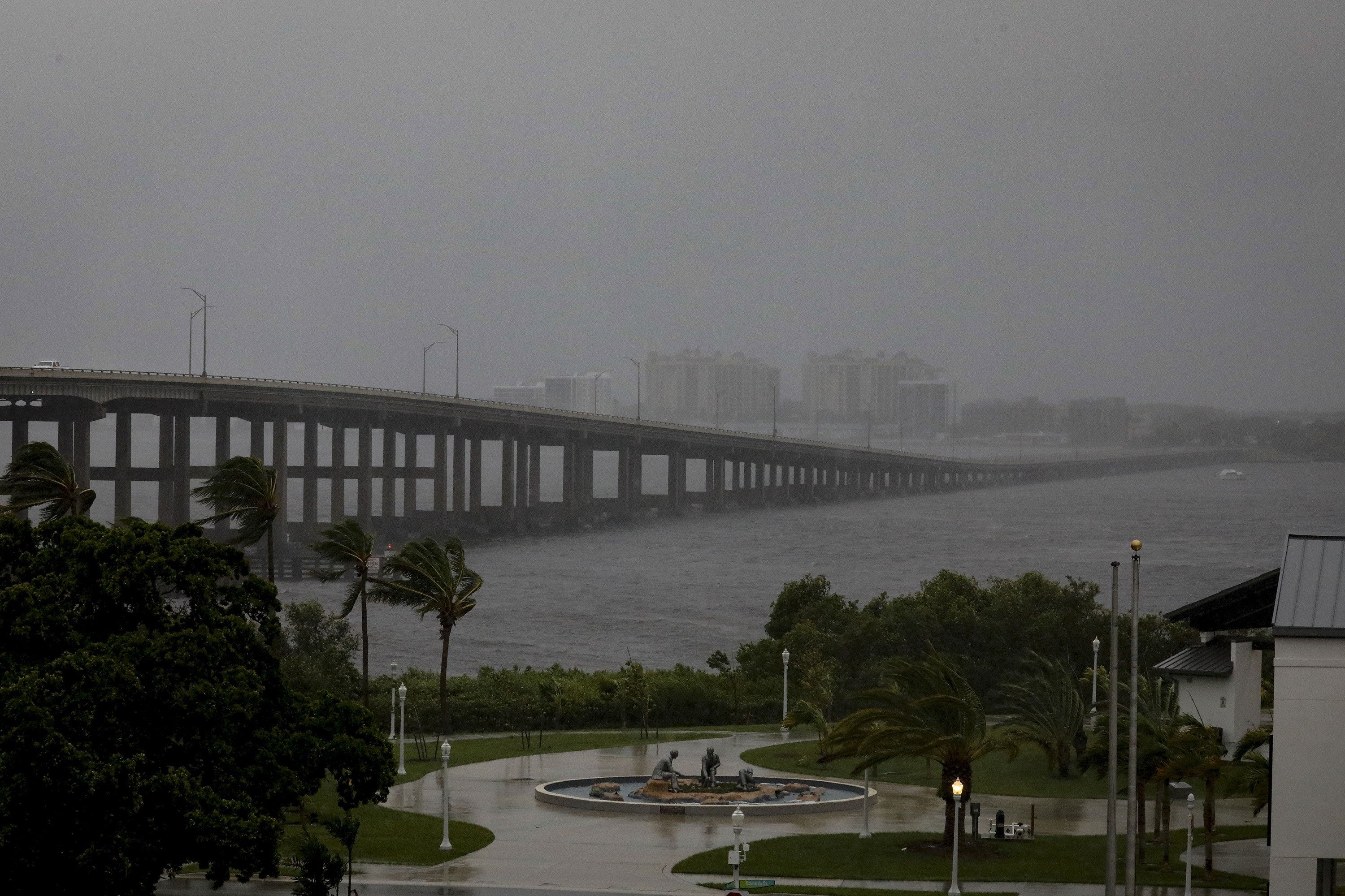Heavy rain and wind is seen at the Caloosahatchee Bridge in Fort Myers, Florida, on Wednesday.