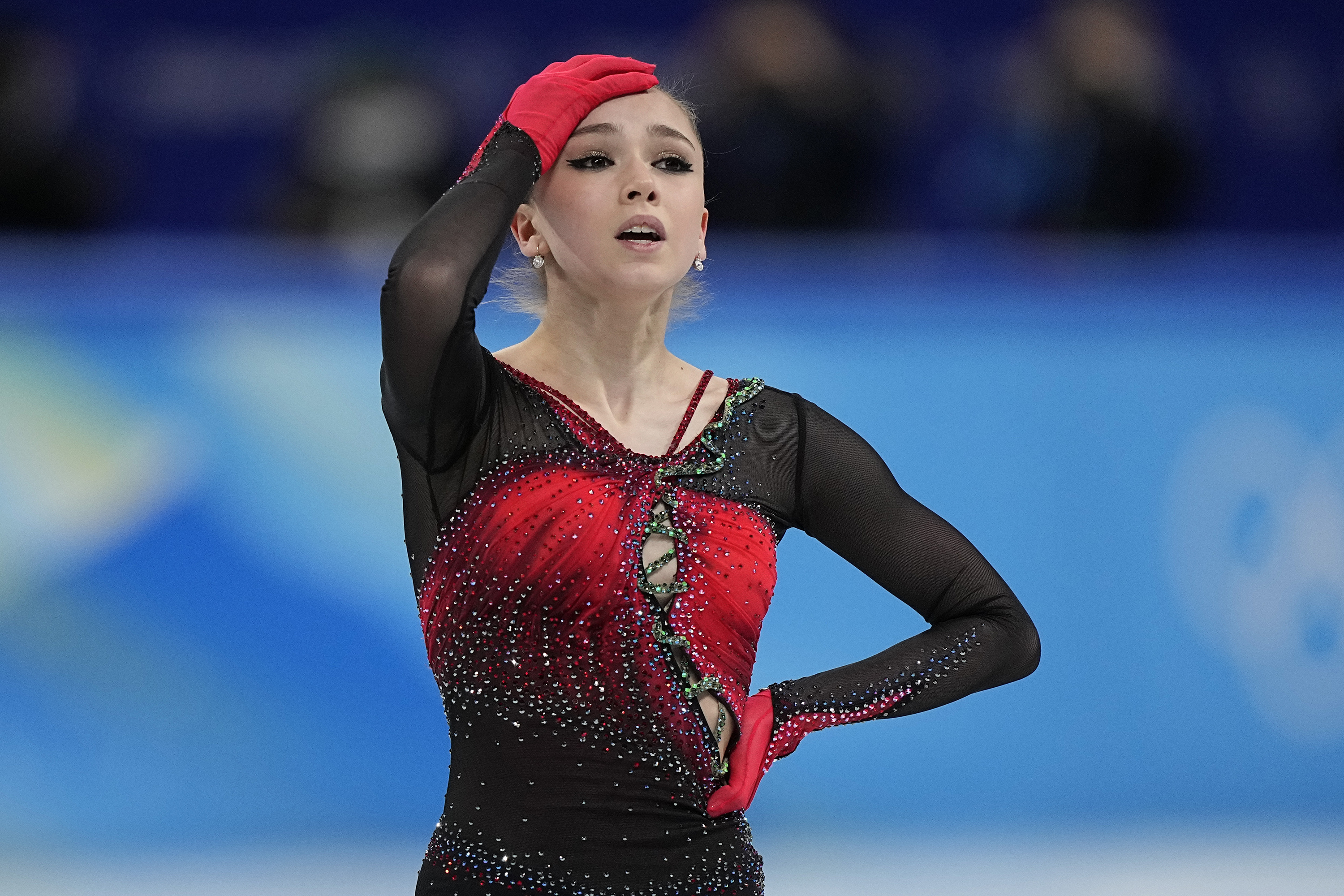 Team ROC’s Kamila Valieva reacts during the women's team free skate program on Feb. 7.