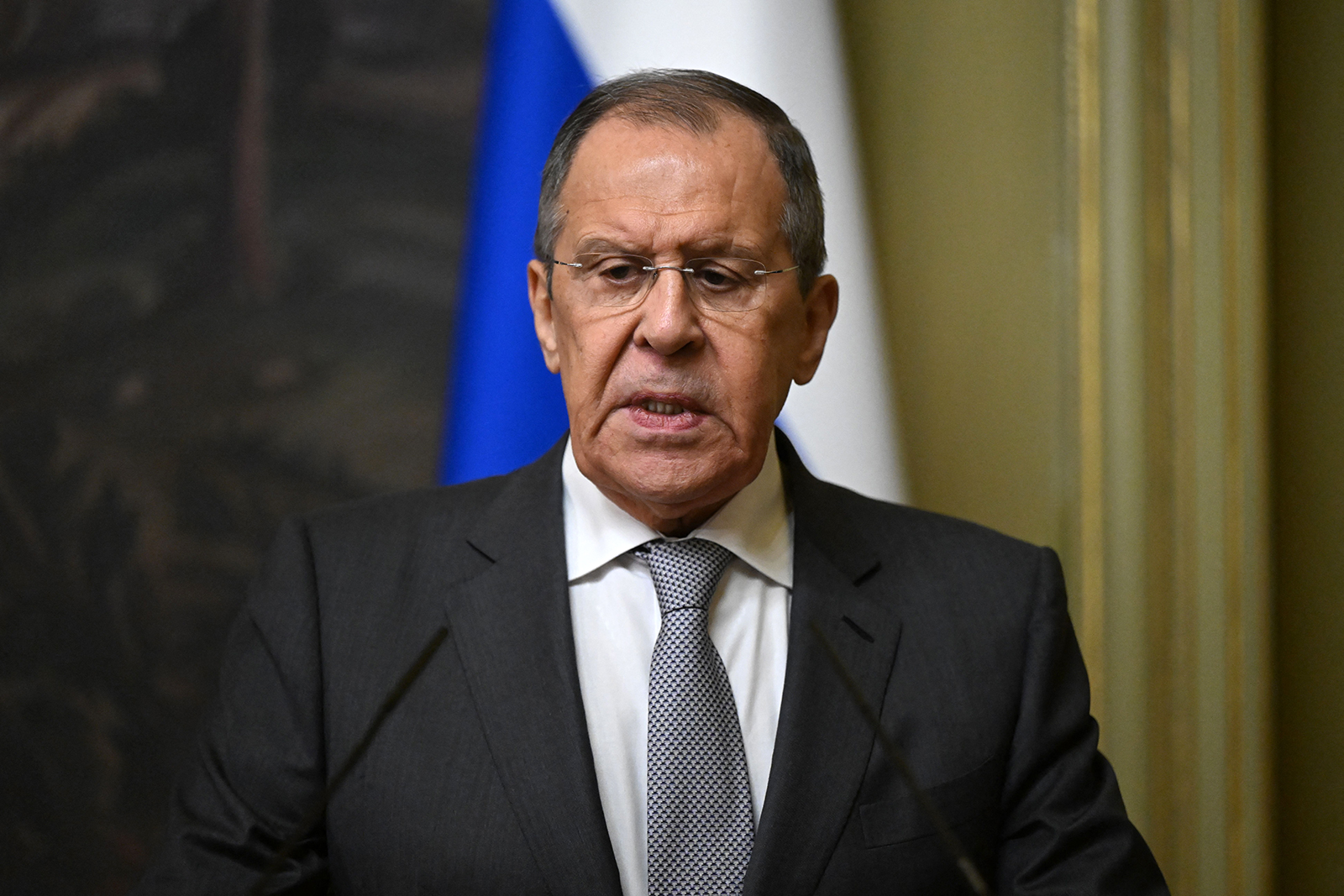 Russian Foreign Minister Sergey Lavrov attends a press conference in Moscow on May 18. 