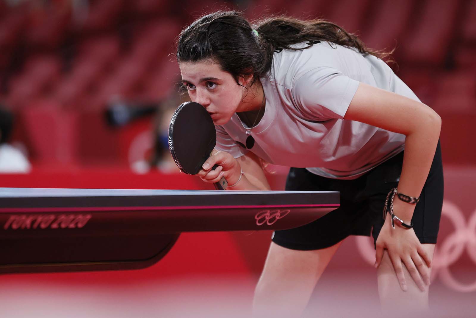 Hend Zaza of Team Syria is seen in action during the women's singles preliminary round table tennis match on July 24, in Tokyo.