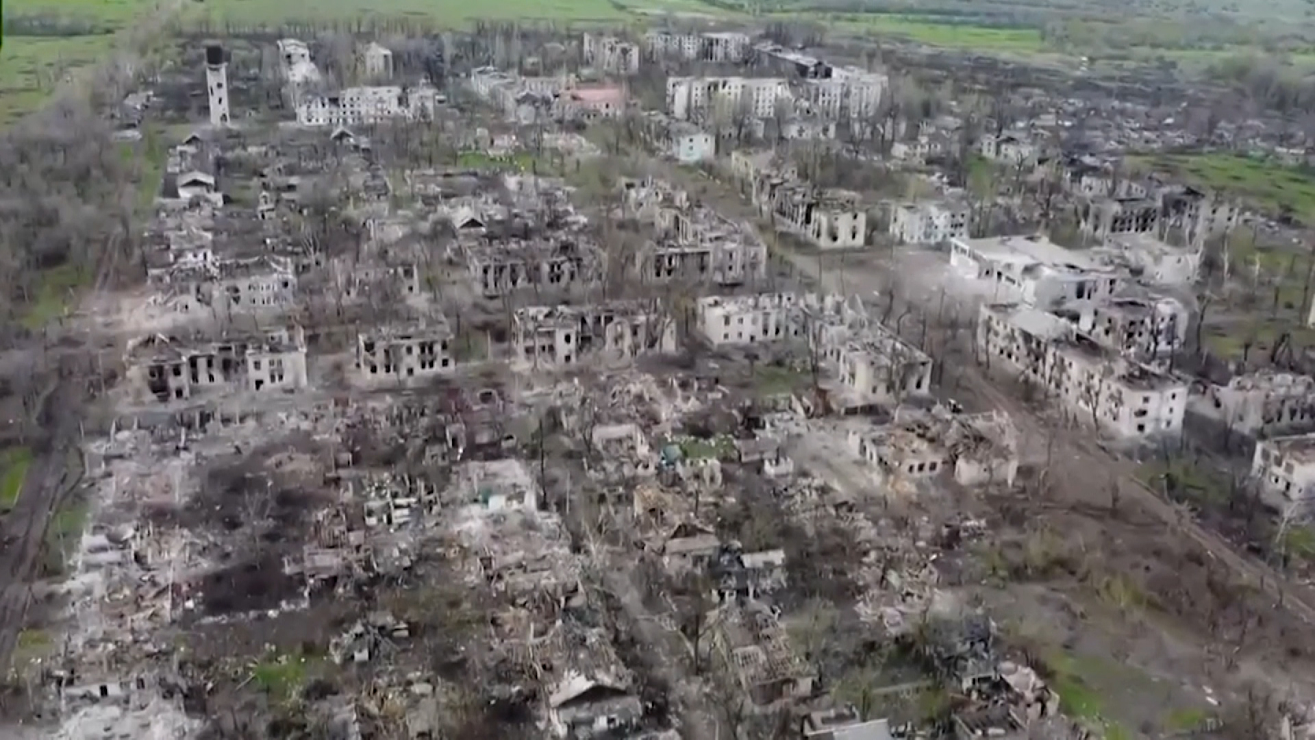 Drone footage shows the destruction in Novotoshkivka, on Monday, April 25.