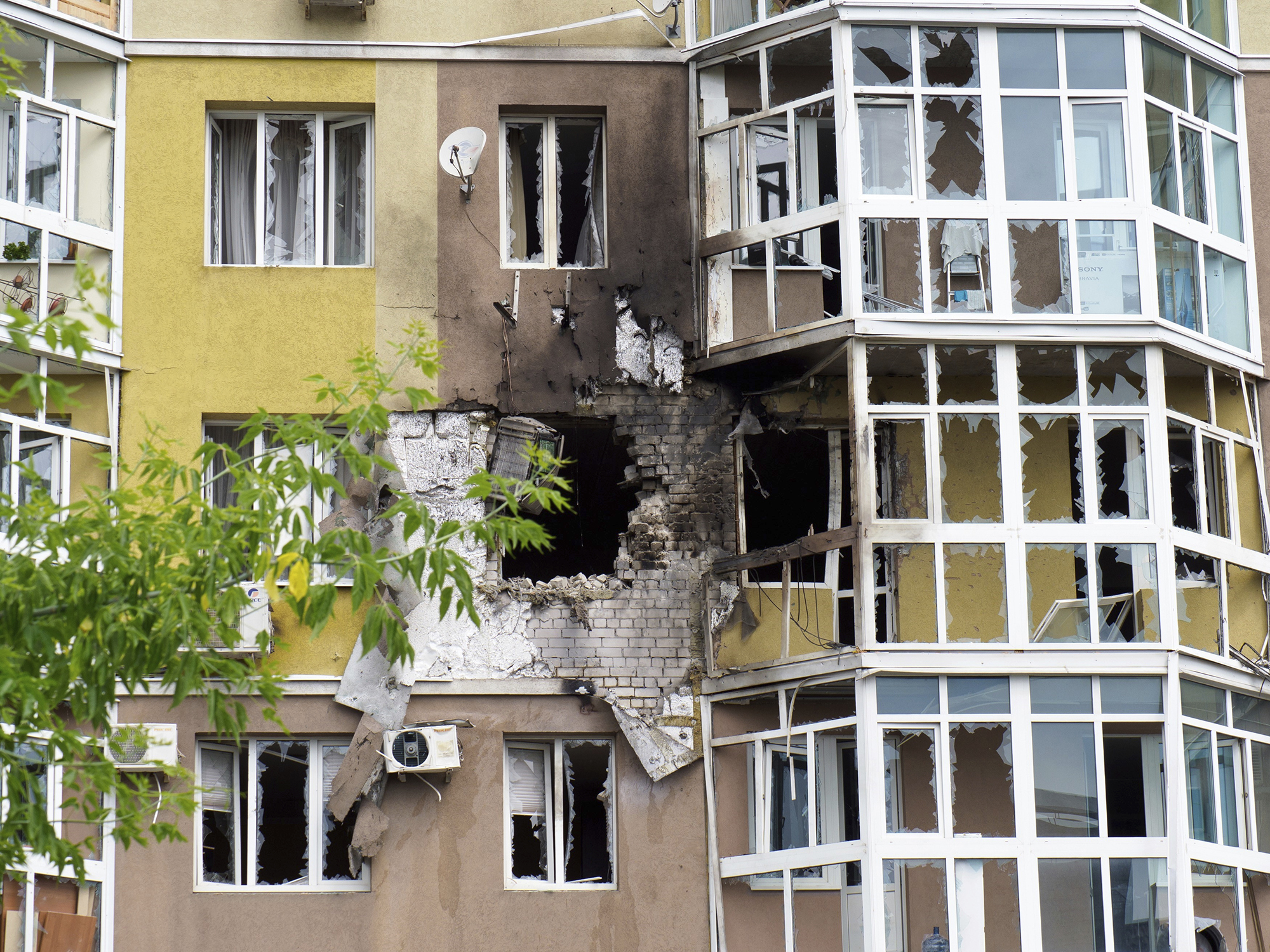 Damage to a building after a drone attack in Voronezh, Russia, on June 9.