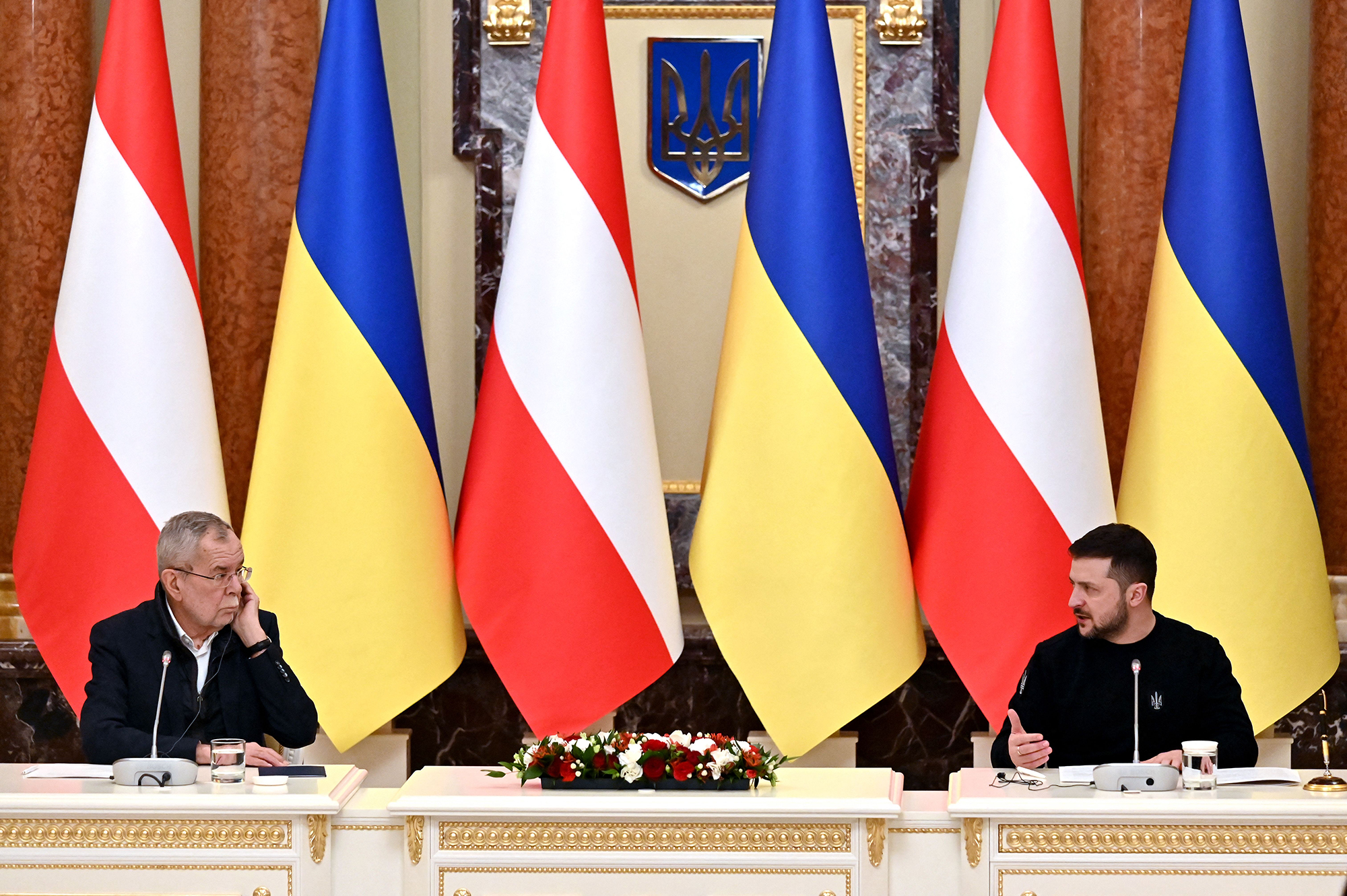 Ukrainian President Volodymyr Zelensky, right, and his Austrian counterpart Alexander Van der Bellen hold a joint press conference following their talks in Kyiv, Ukraine, on February 1.