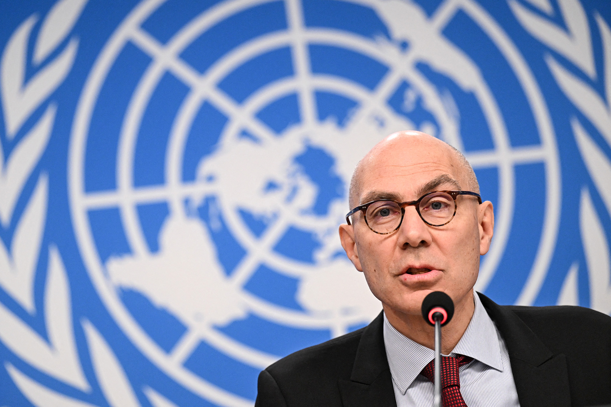 UN High Commissioner for Human Rights Volker Turk addresses a press conference in Geneva, Switzerland, on December 6.