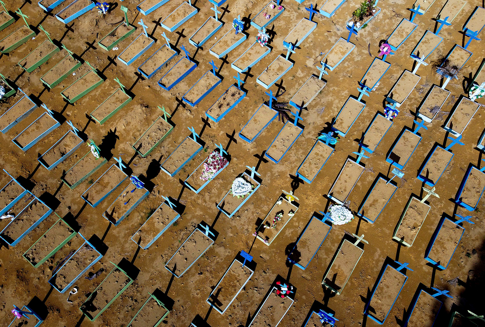 Aerial view of graves of Covid-19 victims at the Nossa Senhora Aparecida cemetery in Manaus, Amazon state, Brazil, on April 15