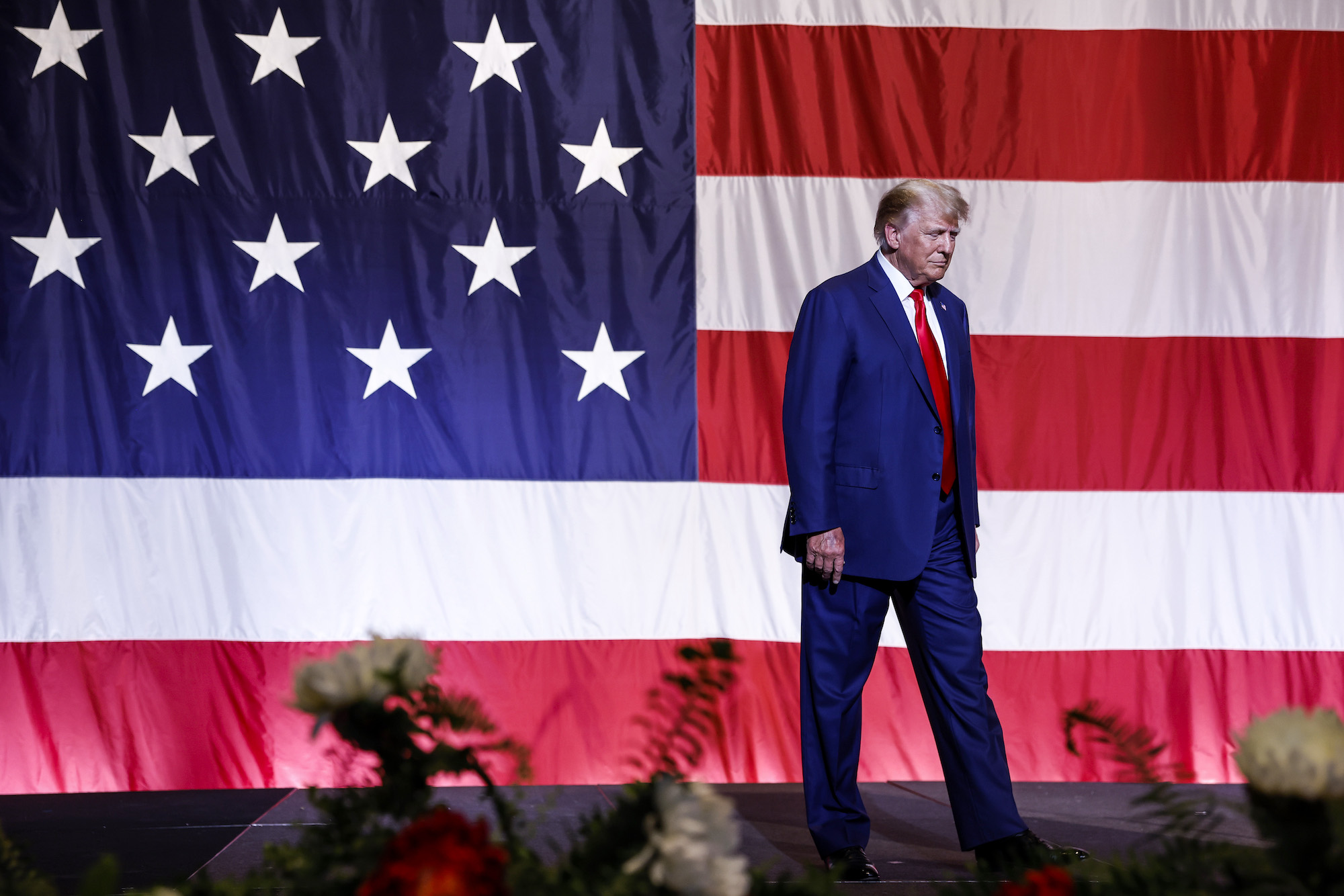 Former President Donald Trump arrives to deliver remarks to the Georgia state GOP convention in Columbus, Georgia, on Saturday.