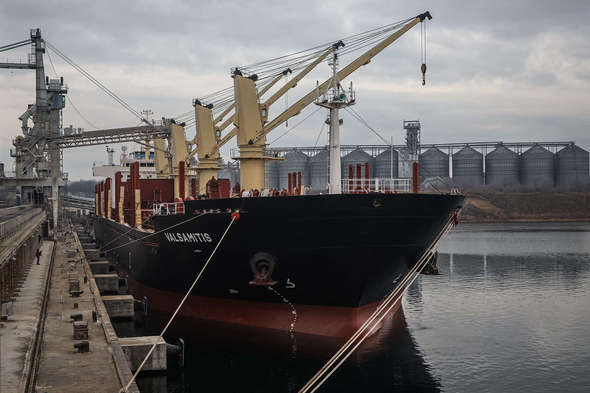 The UN-chartered vessel MV Valsamitis is loaded to deliver 25,000 tonnes of Ukrainian wheat to Kenya and 5,000 tonnes to Ethiopia, at the port of Chornomorsk, east of Odessa on the Black Sea coast, on February 18.