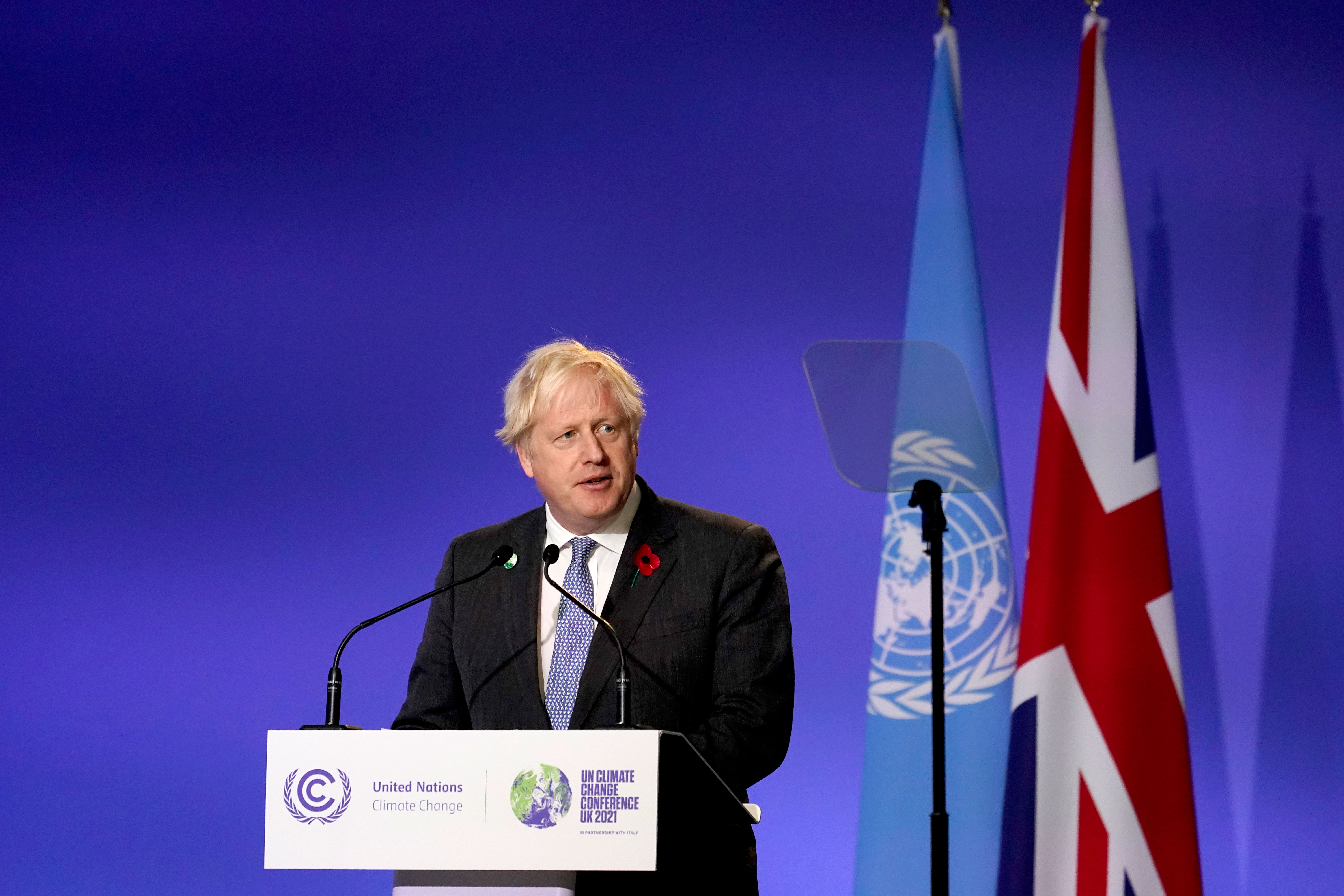 UK Prime Minister Boris Johnson speaks during the opening ceremony of COP26 in Glasgow, Scotland, on November 1.