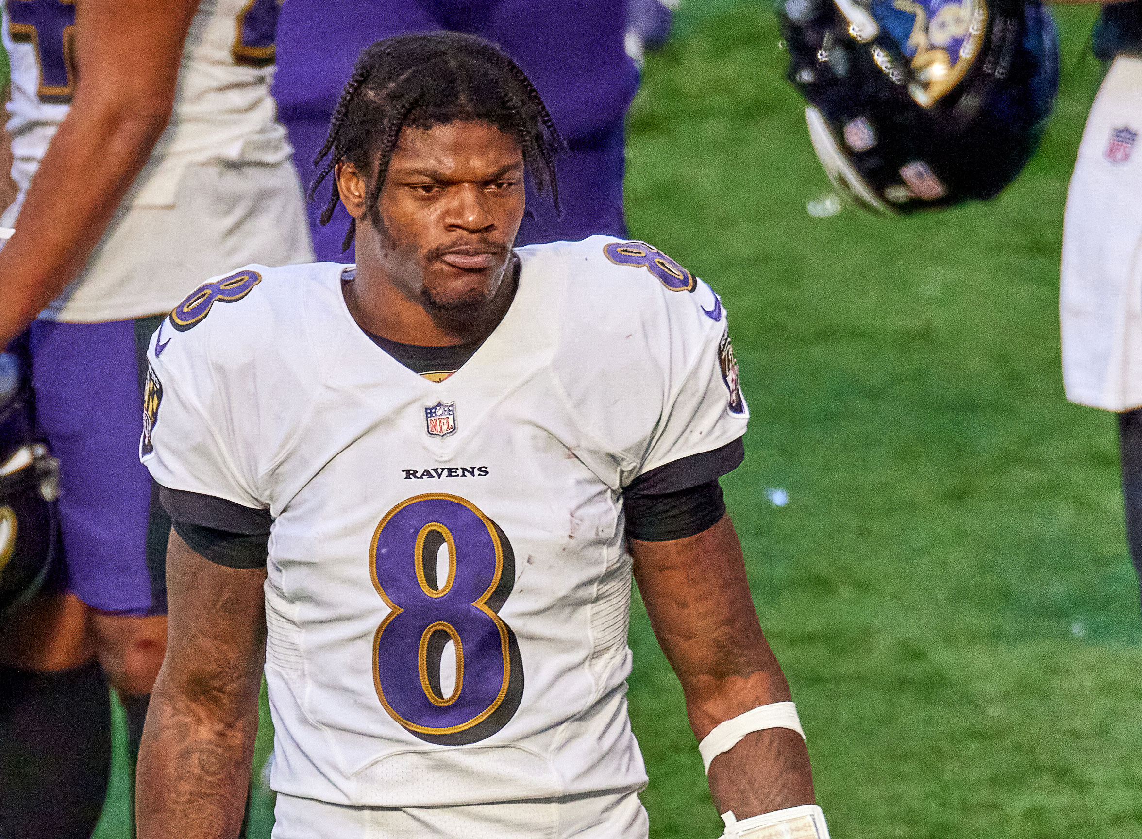 Baltimore Ravens quarterback Lamar Jackson looks on during a game in Indianapolis on November 8, 2020.