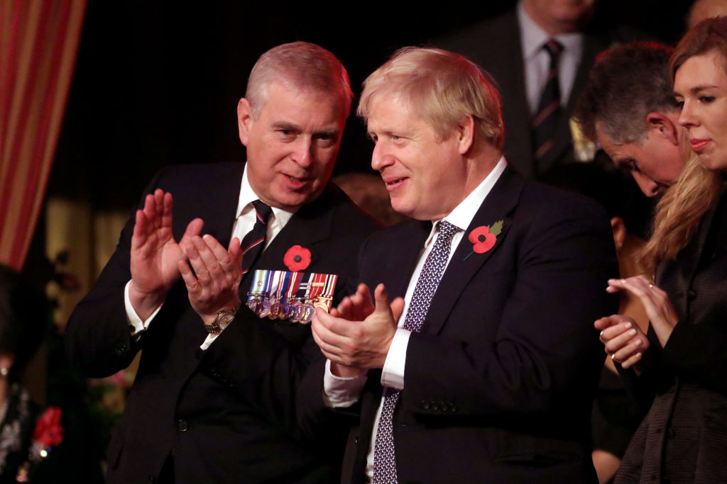 Prince Andrew and Boris Johnson at a remembrance event in London on November 9.