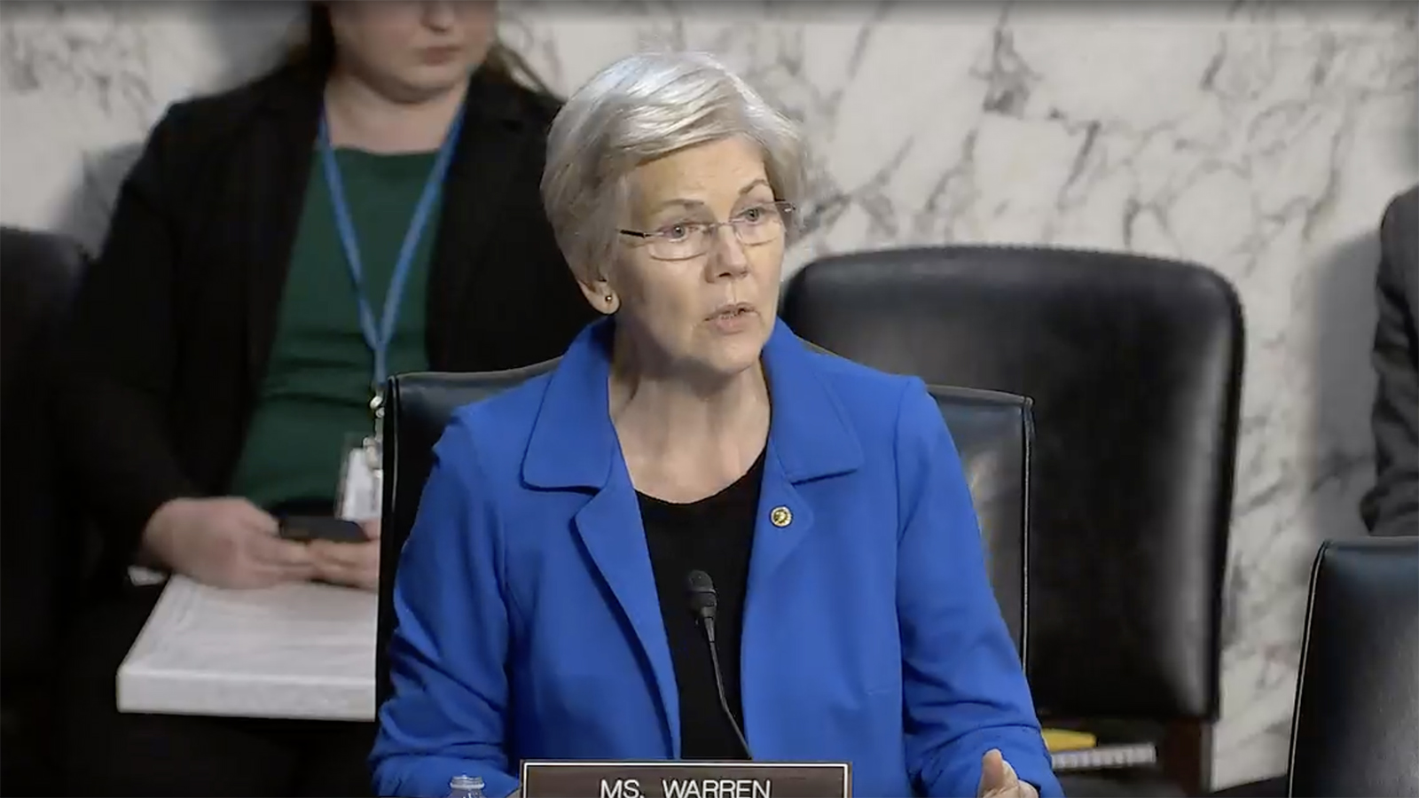 Sen. Elizabeth Warren during the Senate Banking, Housing, and Urban Affairs Committee hearing titled "Annual Oversight of Wall Street Firms" today in Washington, DC.