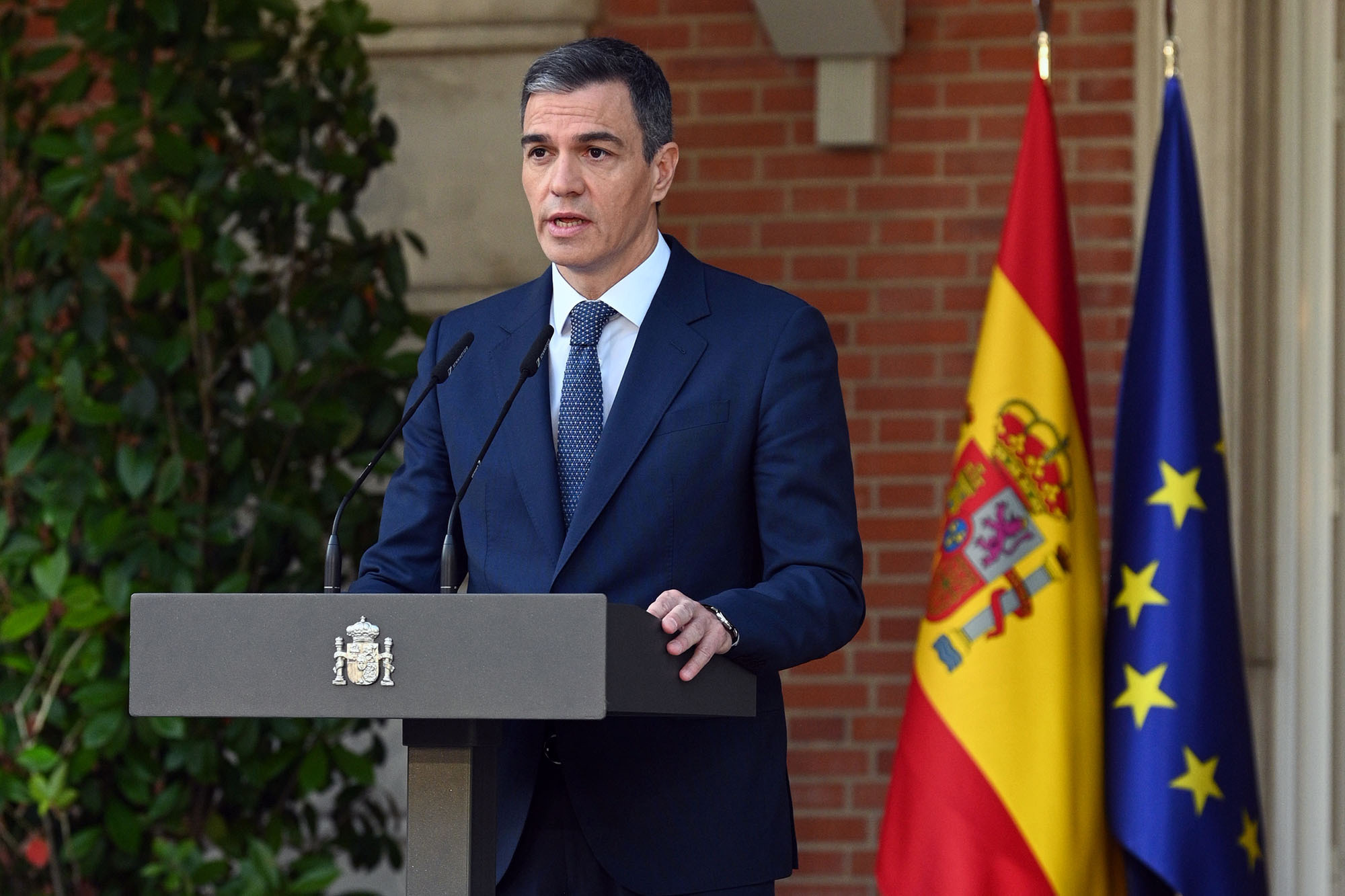 Spanish Prime Minister Pedro Sanchez delivers a speech regarding Spain's official recognition of a Palestinian state, at La Moncloa Palace in Madrid, on May 28.