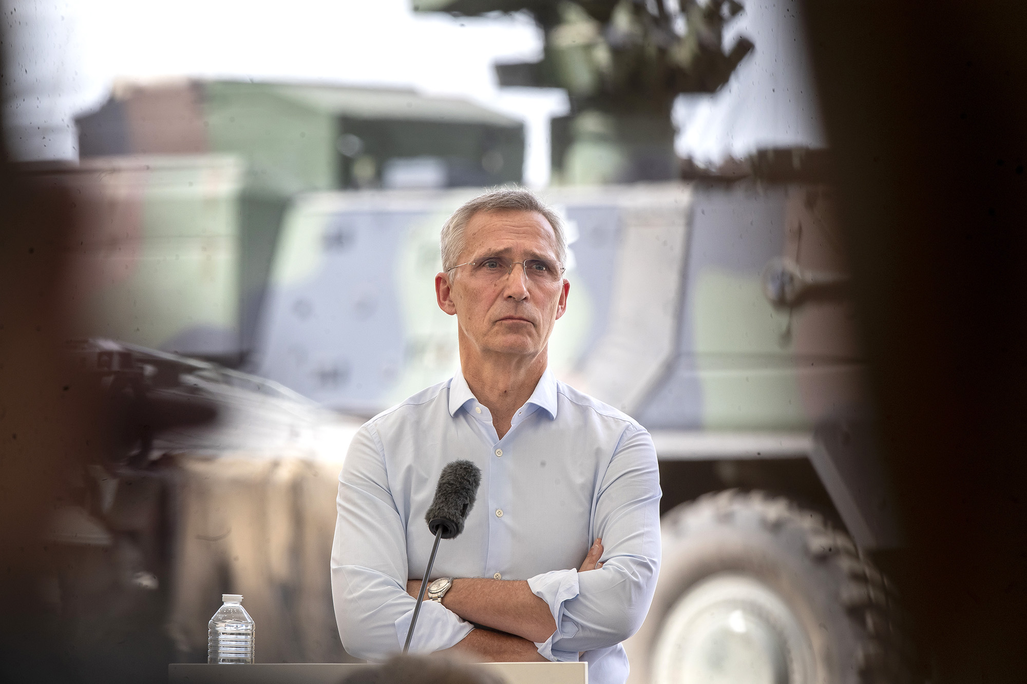 NATO Secretary General Jens Stoltenberg speaks during a press conference at Exercise Griffin Storm 2023 after visiting the Training Range in Pabrade, Lithuania, on June 26.