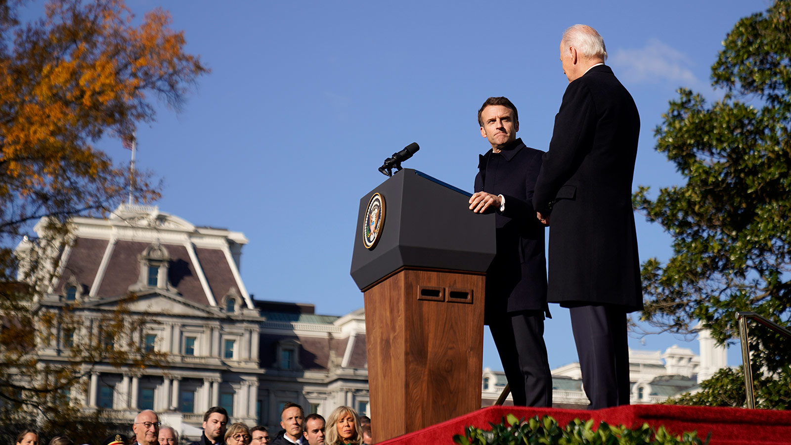 French President Emmanuel Macron speaks alongside US President Joe Biden on the South Lawn of the White House on Thursday, December 1. 