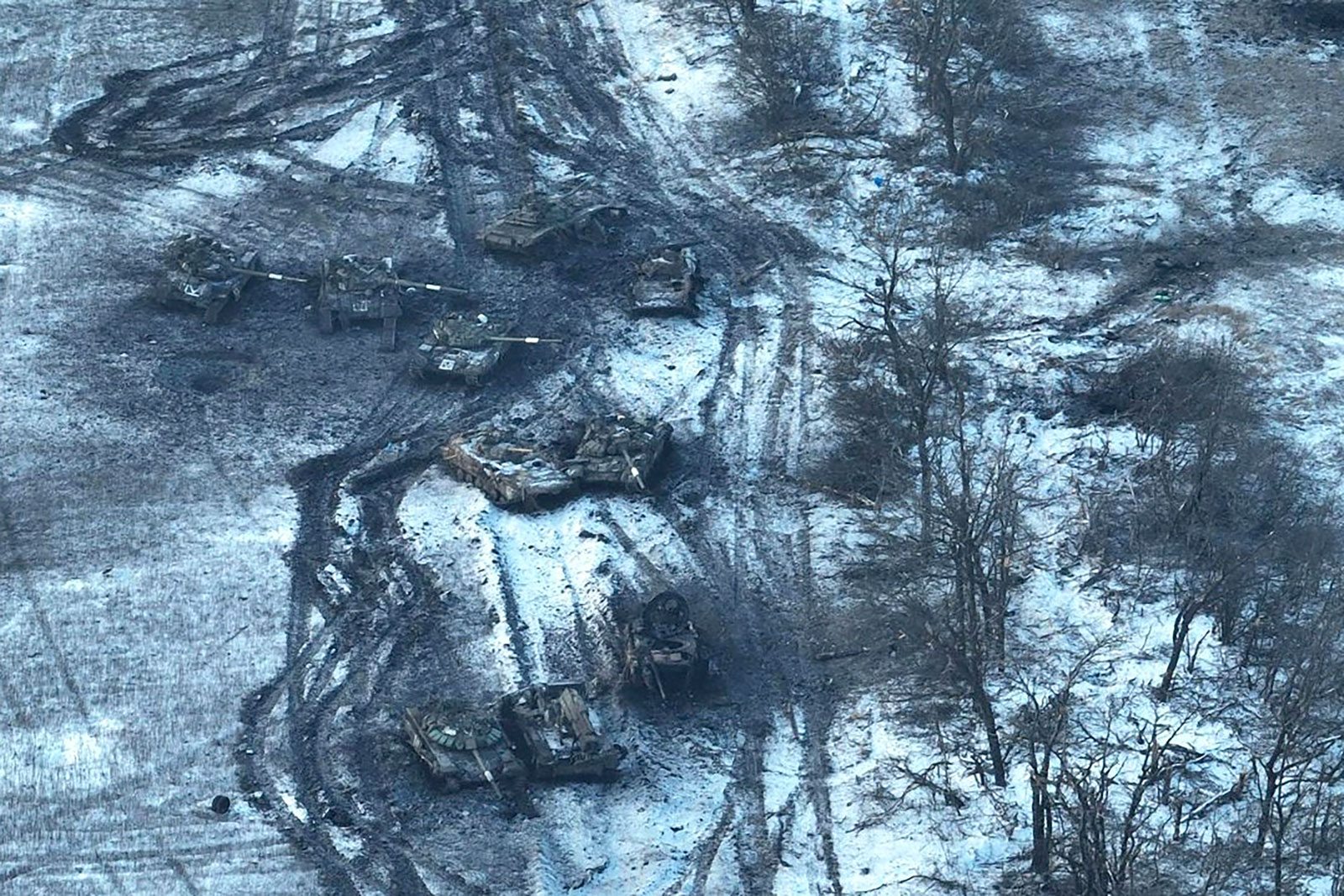 In this image from the Ukrainian Armed Forces taken in February shows damaged Russian tanks in a field after attempting to attack in Vuhledar, Ukraine. 
