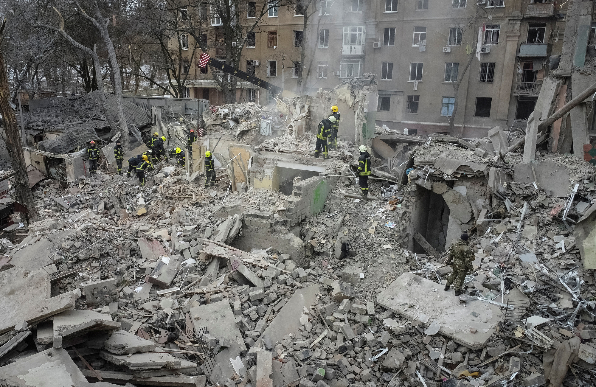 Rescuers work at the site of a residential building destroyed by a Russian missile strike, in Kramatorsk, Ukraine, on February 2.