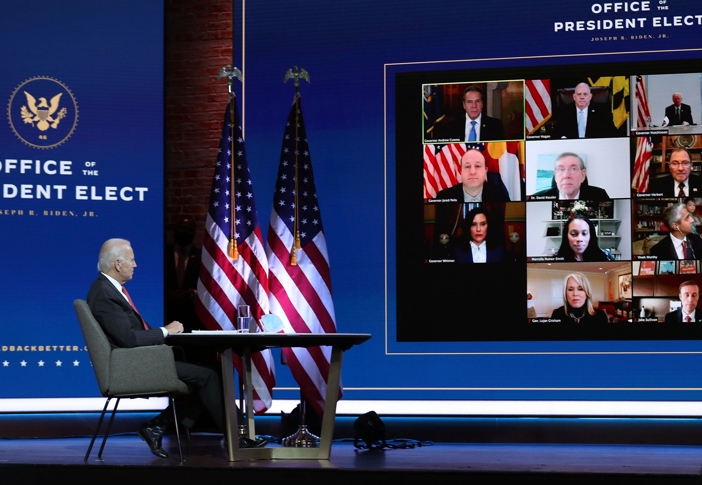 President-elect Joe Biden holds a virtual meeting with the National Governors Association's executive committee on November 19 in Wilmington, Delaware. 