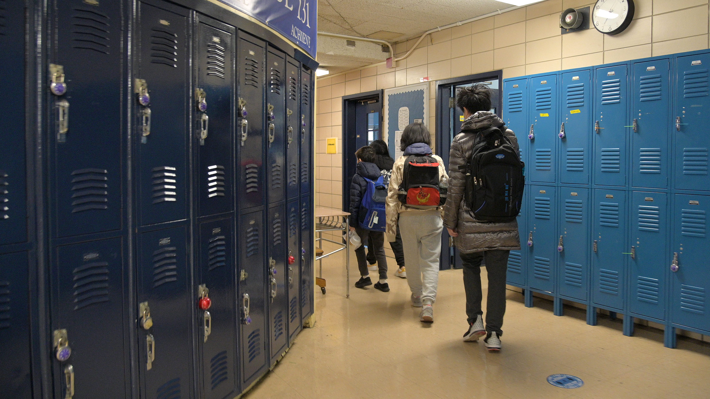 Students walk to class at Sun Yat Sen M.S. 131 on February 25, in New York City.