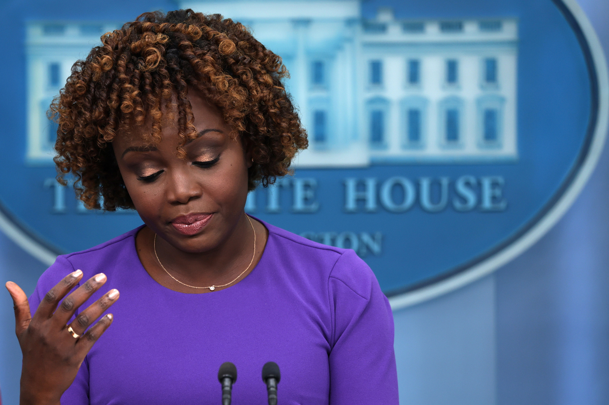 White House press secretary Karine Jean-Pierre speaks during the daily news briefing at the White House in Washington, DC, on Monday.