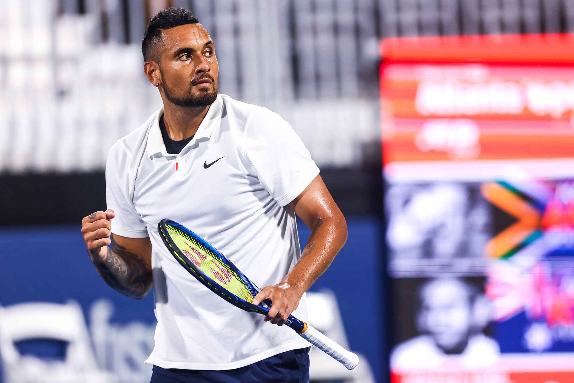 Nick Kyrgios of Australia reacts during a match against Kevin Anderson of South Africa at the Truist Atlanta Open at Atlantic Station on July 27, 2021 in Atlanta, Georgia. 