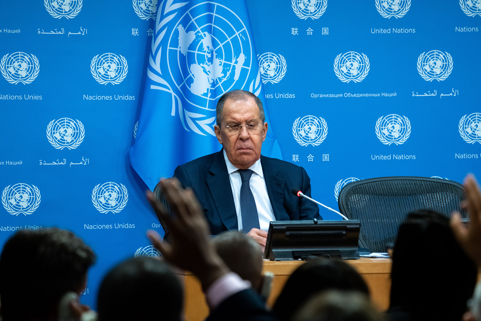 Russian Foreign Minister Sergey Lavrov holds a press conference during the United Nations General Assembly on September 23 in New York City. 