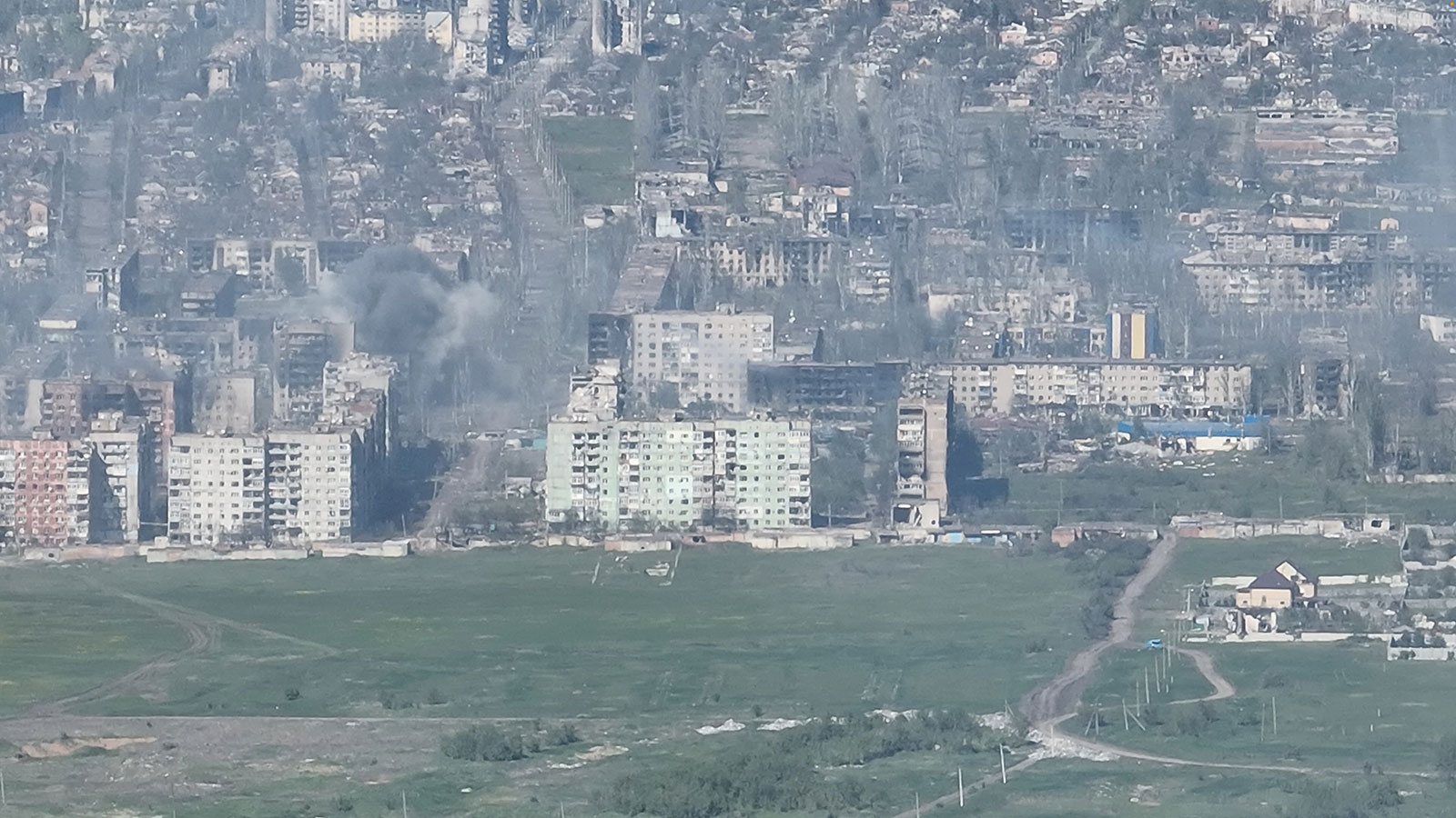 Smoke erupts following a shell explosion in Bakhmut, Ukraine in this screengrab obtained from a handout video released on May 7. 