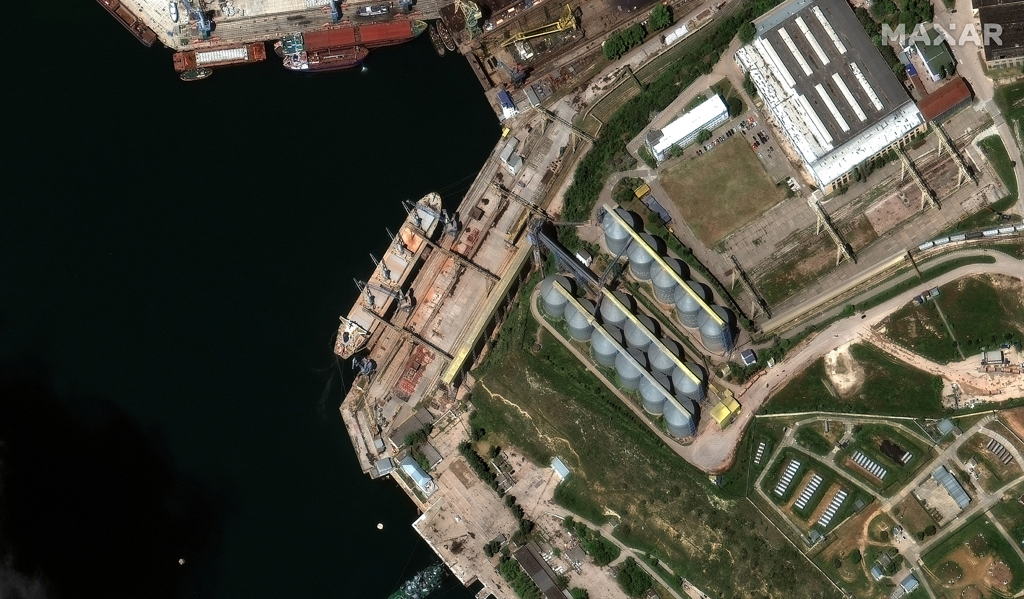 A satellite image shows an overview of bulk carrier ship loading grain at the port of Sevastopol, Crimea, on May 19.