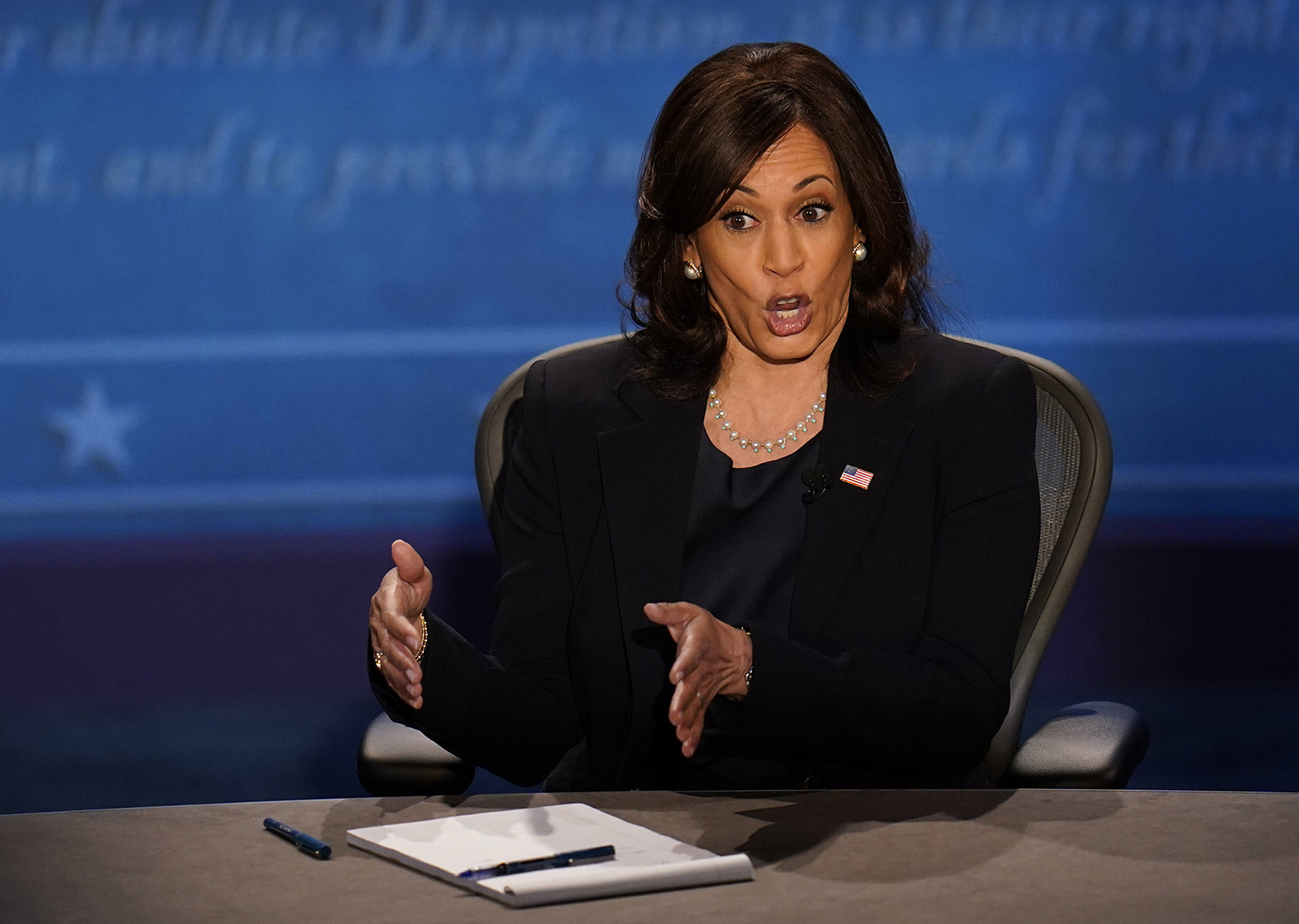 Democratic vice presidential candidate Sen. Kamala Harris makes a point during the vice presidential debate with Vice President Mike Pence on Wednesday in Salt Lake City. 