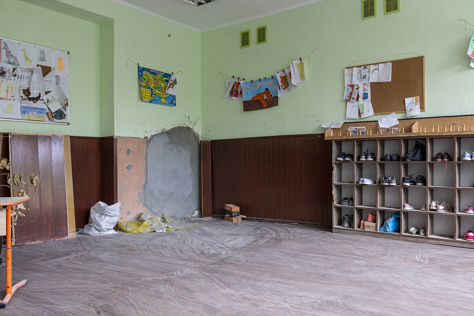 A mended wall is seen in Irpin's School Number 17.