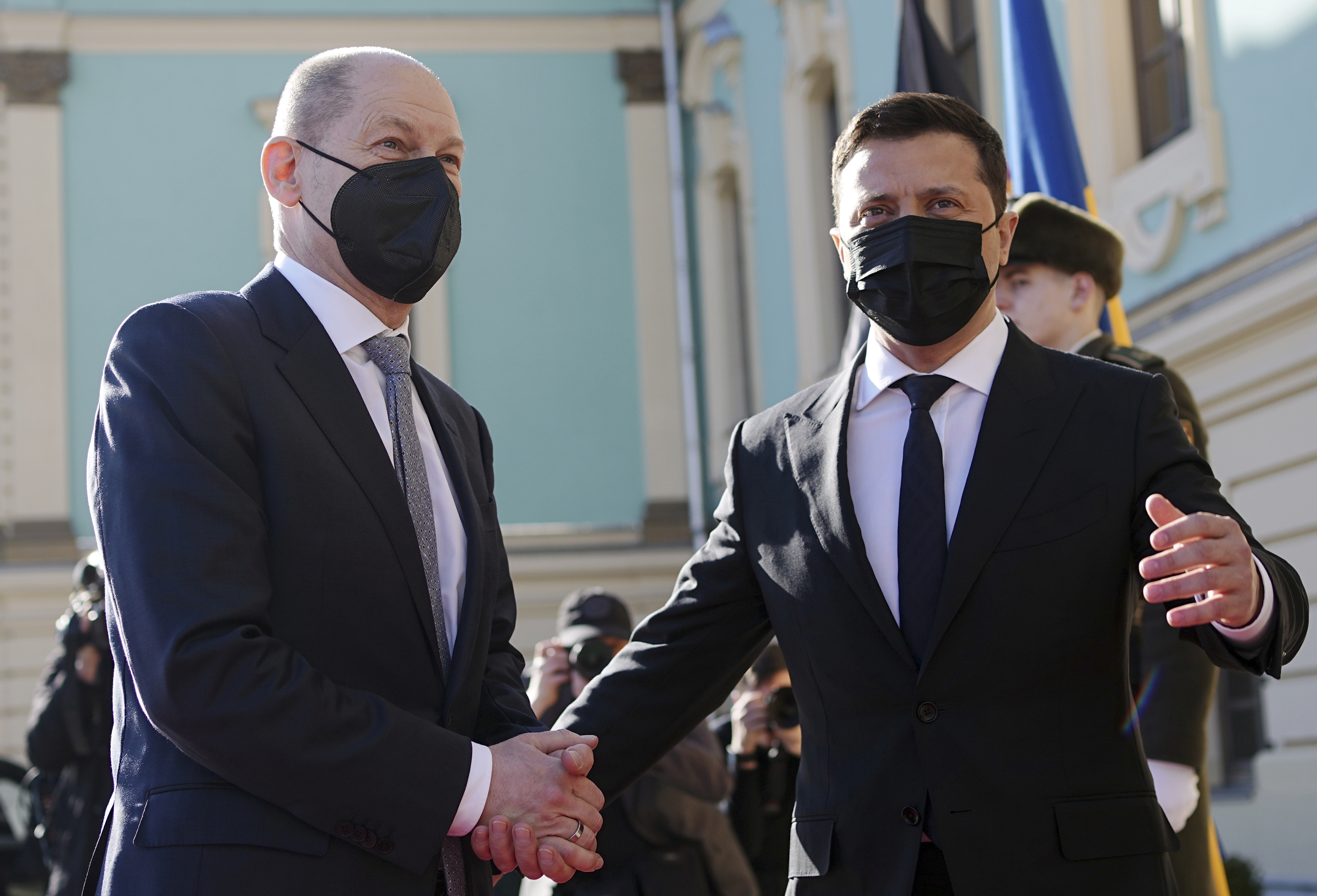 German Chancellor Olaf Scholz, left, is received at St. Mary's Palace by Ukraine's President Volodymyr Selensky, on February 14 in Kyiv. 