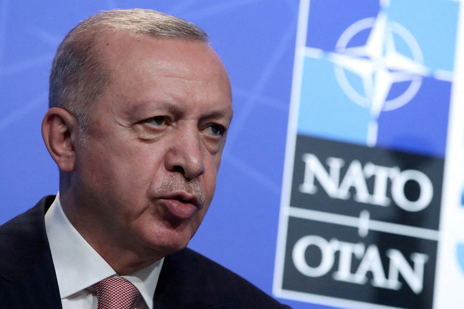 Turkey's President Tayyip Erdogan holds a news conference during the NATO summit at the Alliance's headquarters in Brussels, Belgium June 14, 2021. 