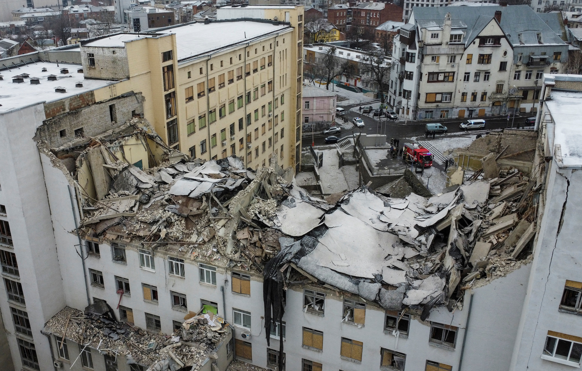 A view shows a building of the National University of Urban Economy heavily damaged by a Russian missile strike in central Kharkiv on February 5.