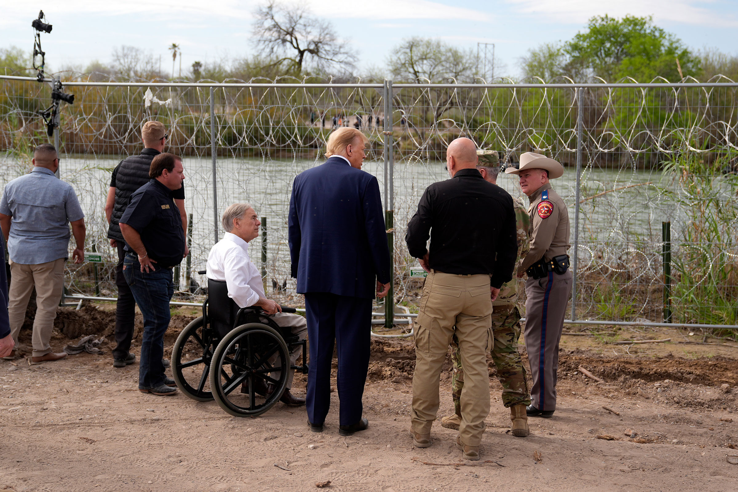Former President Donald Trump talks near the bank of the Rio Grande River at Shelby Park during a visit to the US-Mexico border on Thursday, February 29, in Eagle Pass, Texas.